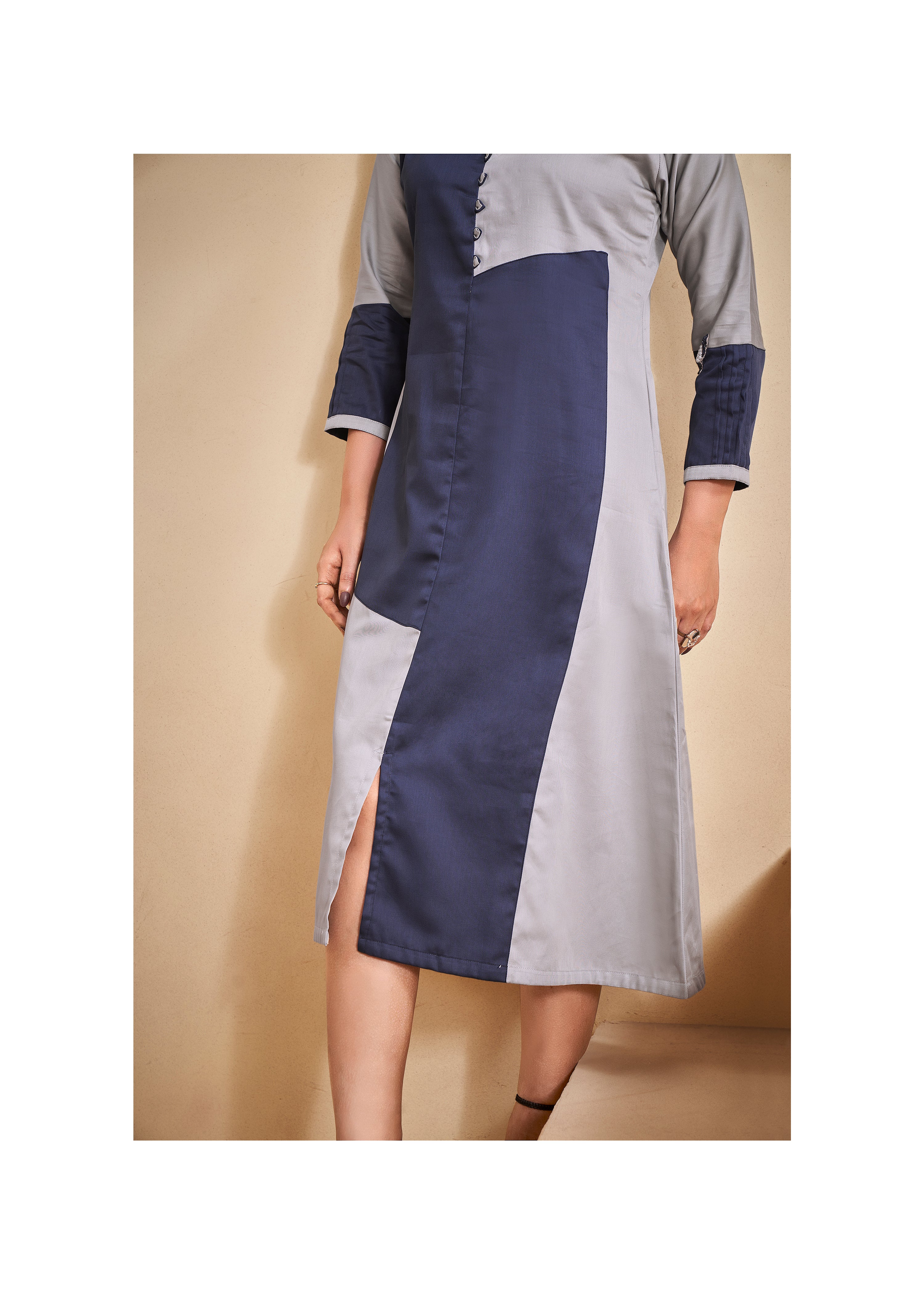 Blue and Grey Color-Blocked  Poplin A-Line Dress