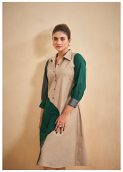 Color-Blocked Green and Beige Cotton Poplin A-Line Dress