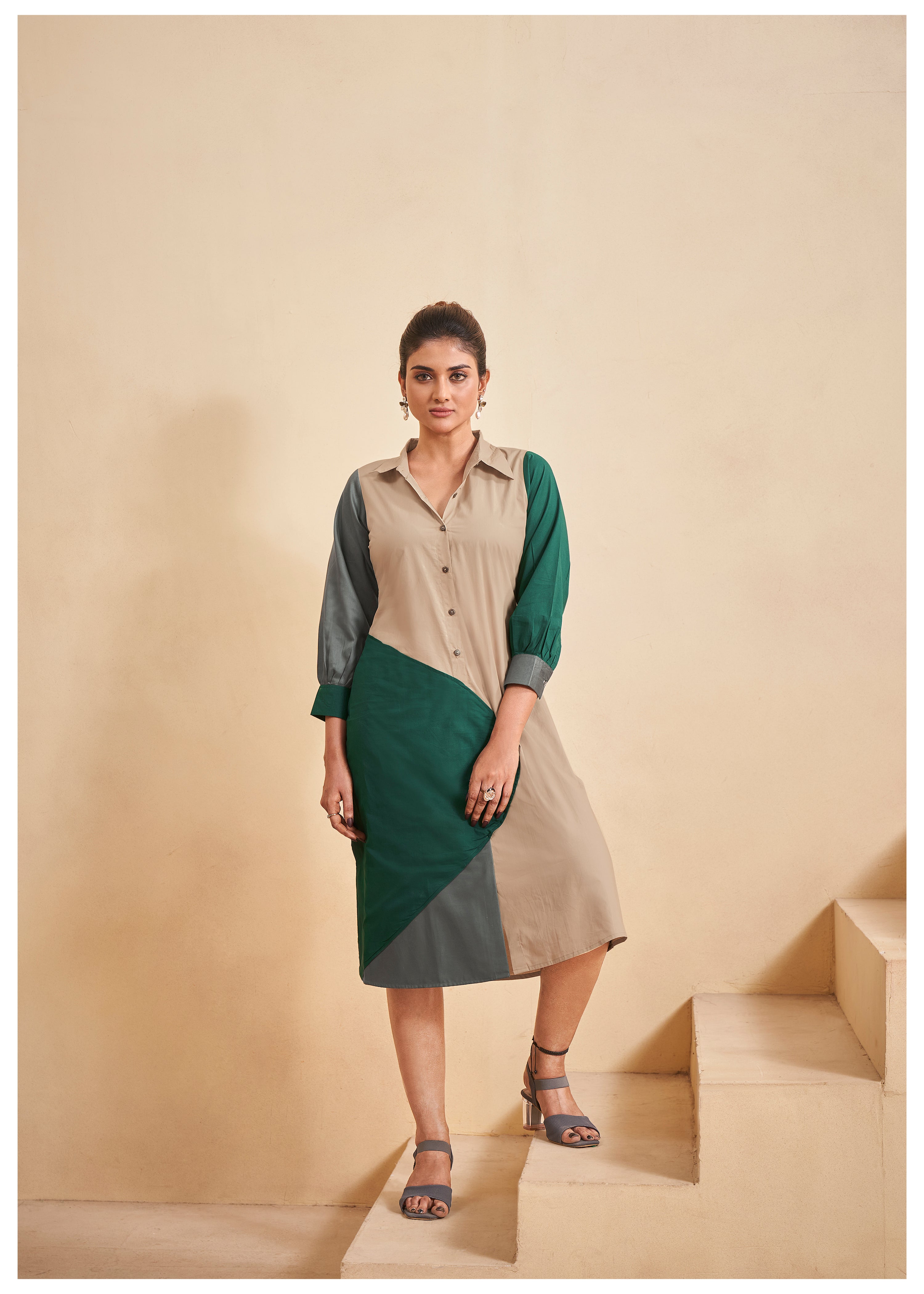 Color-Blocked Green and Beige Cotton Poplin A-Line Dress