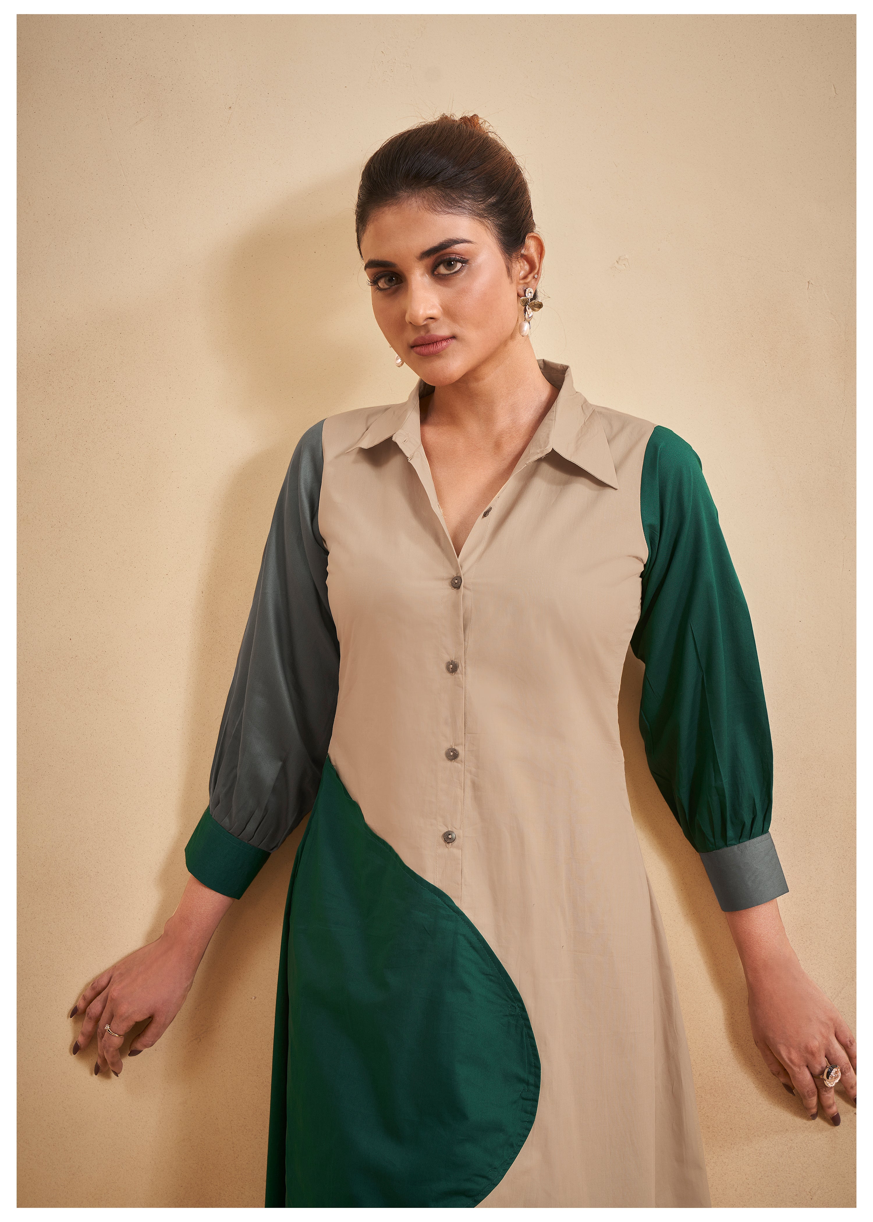 Color-Blocked Green and Beige Cotton Poplin A-Line Dress