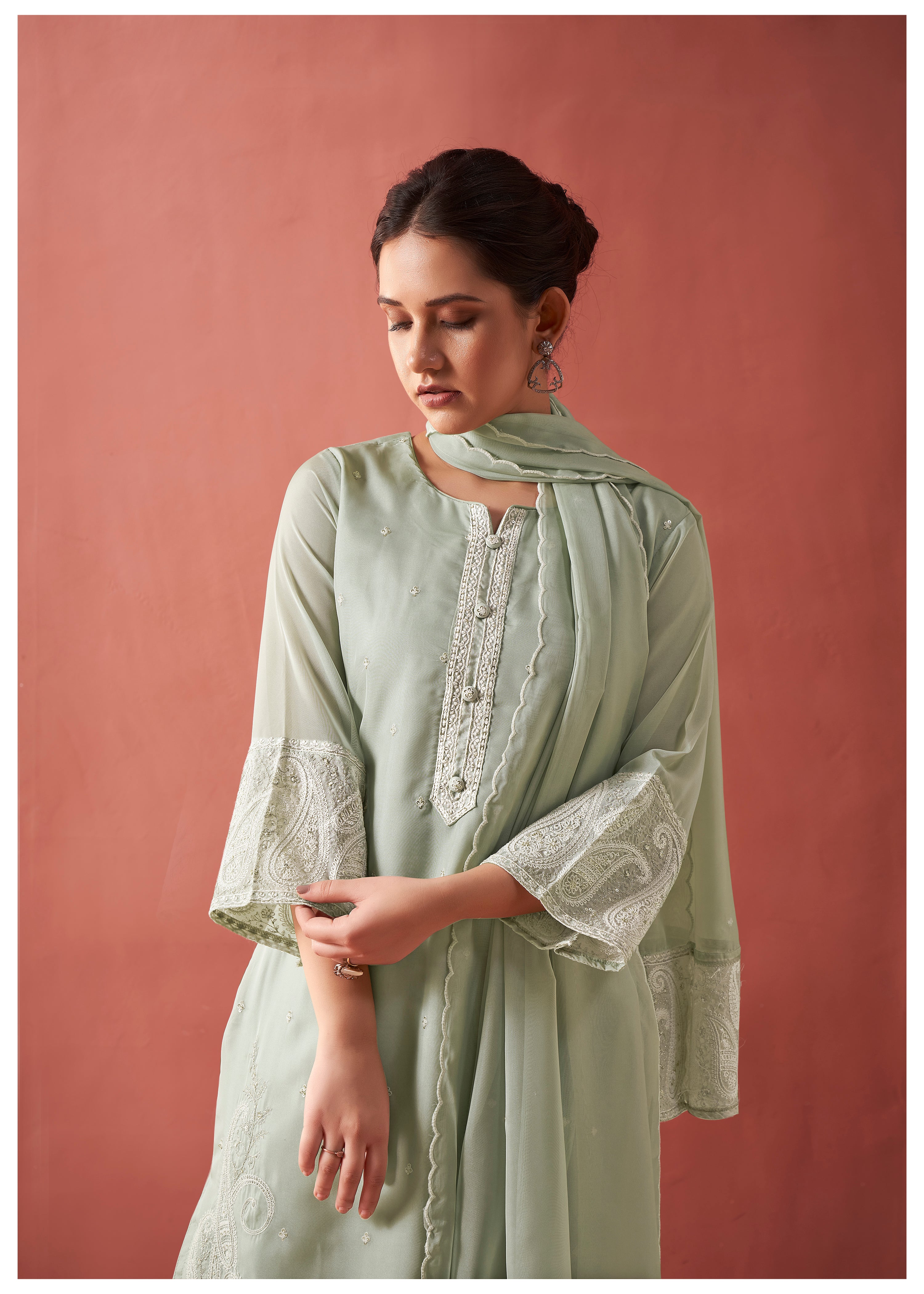 Sage Green Paisley Embroidery Organza Ethnic Set With Dupatta