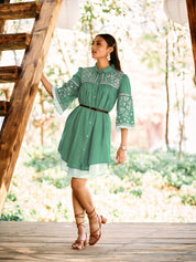 Green Embroidered Cotton Cambric Short Dress