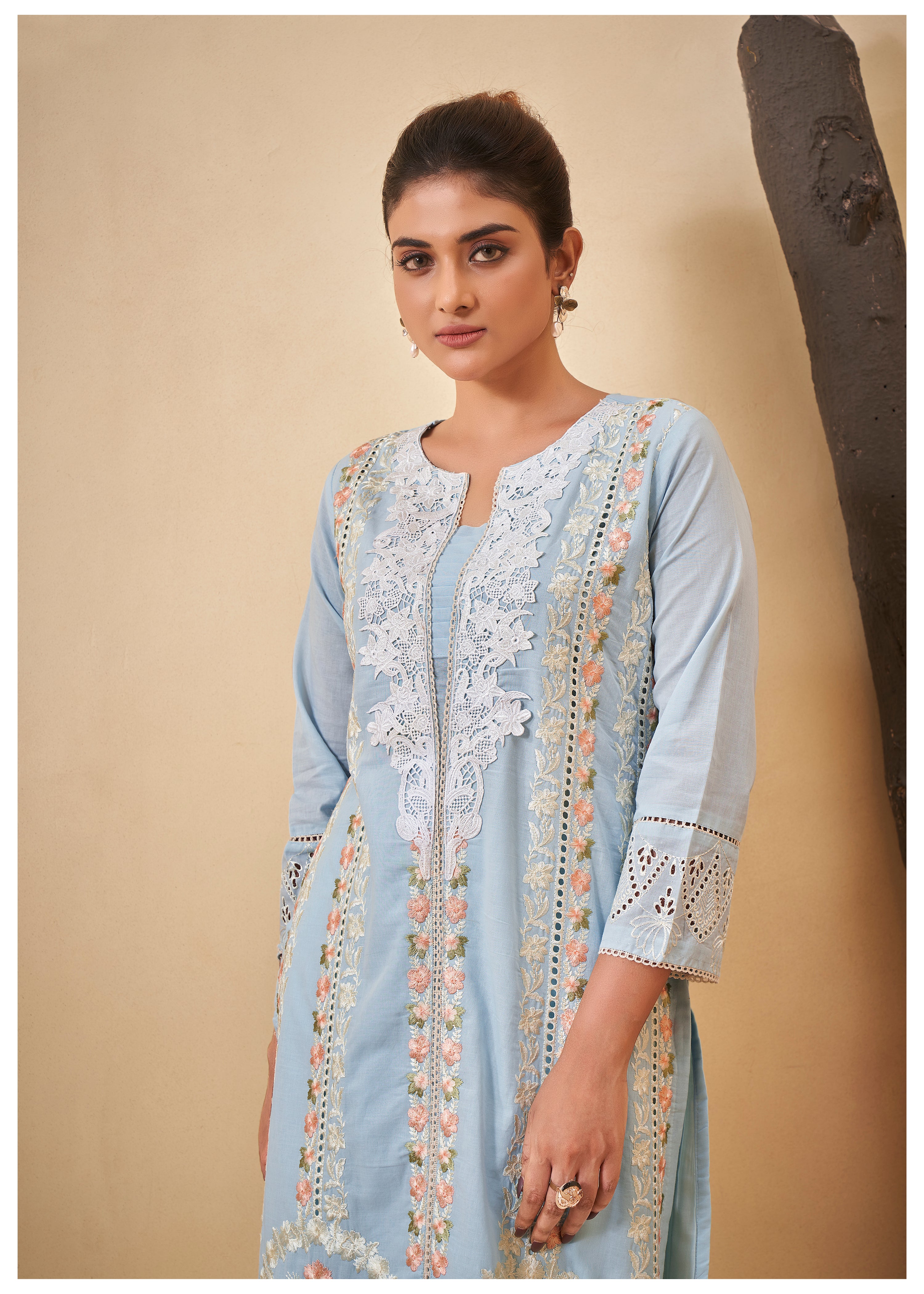 Pastel Blue  Pakistani Work ethnic Cotton Set With Dupatta