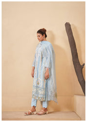 Pastel Blue  Pakistani Work ethnic Cotton Set With Dupatta