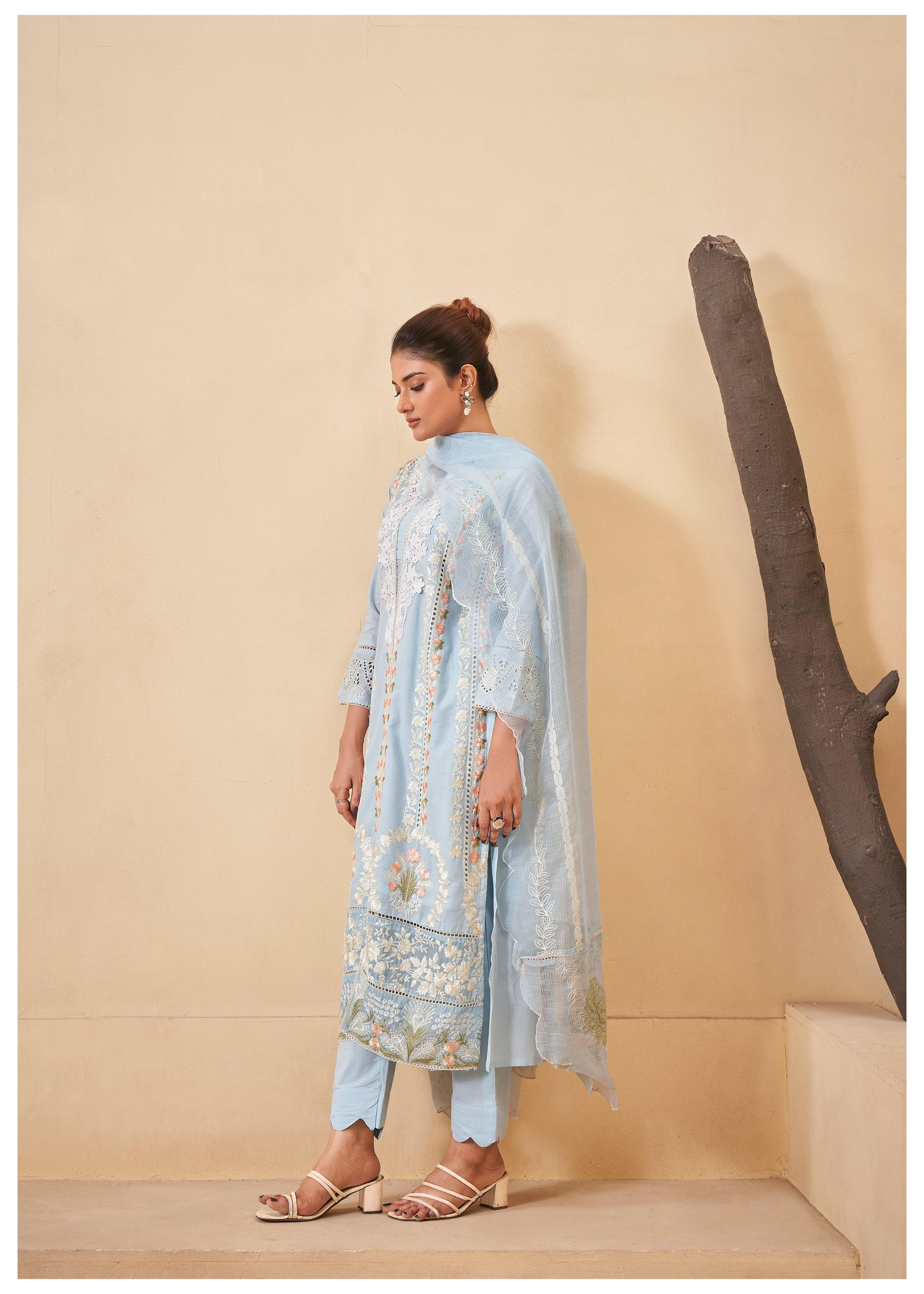 Pastel Blue  Pakistani Work ethnic Cotton Set With Dupatta