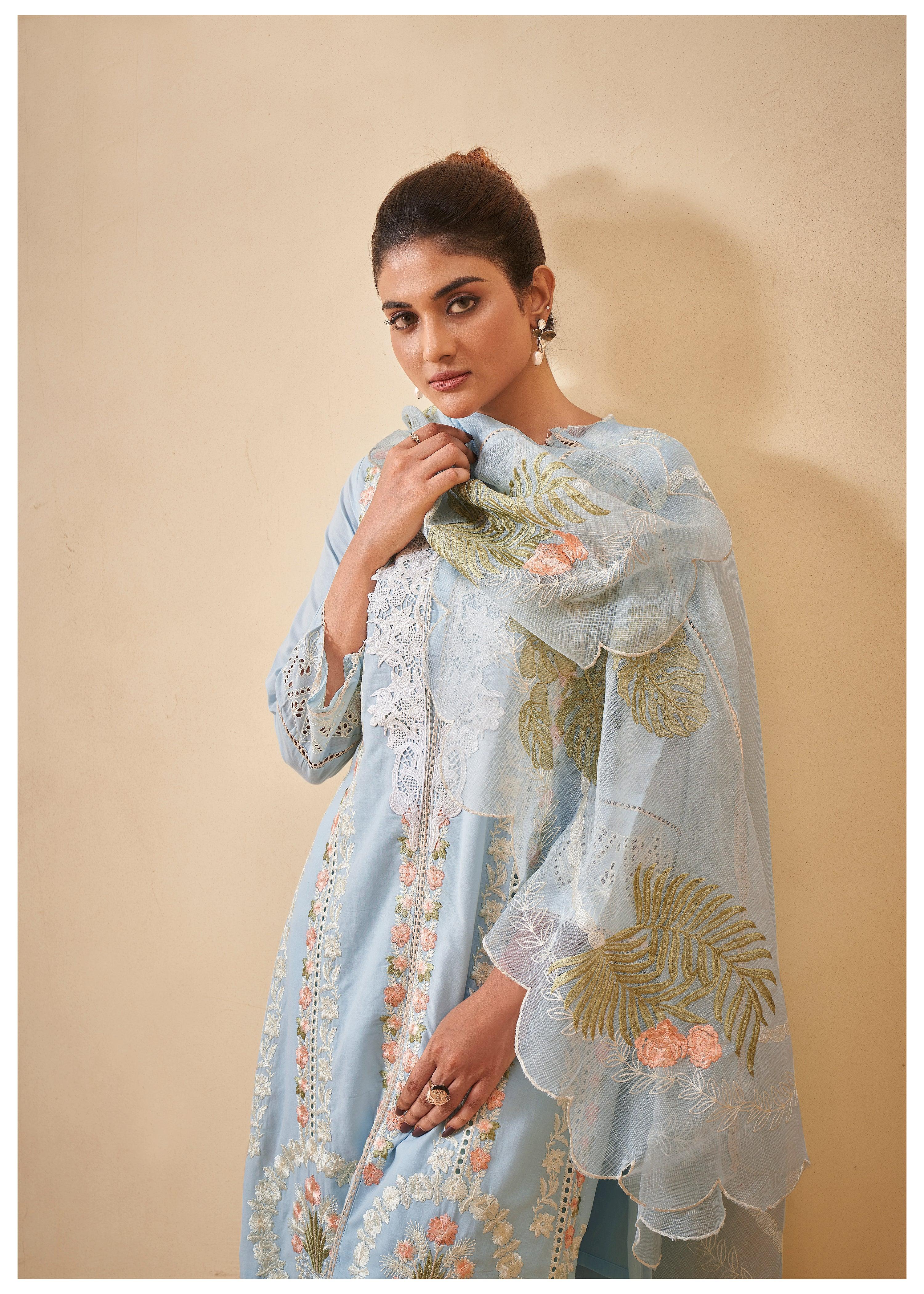 Pastel Blue  Pakistani Work ethnic Cotton Set With Dupatta