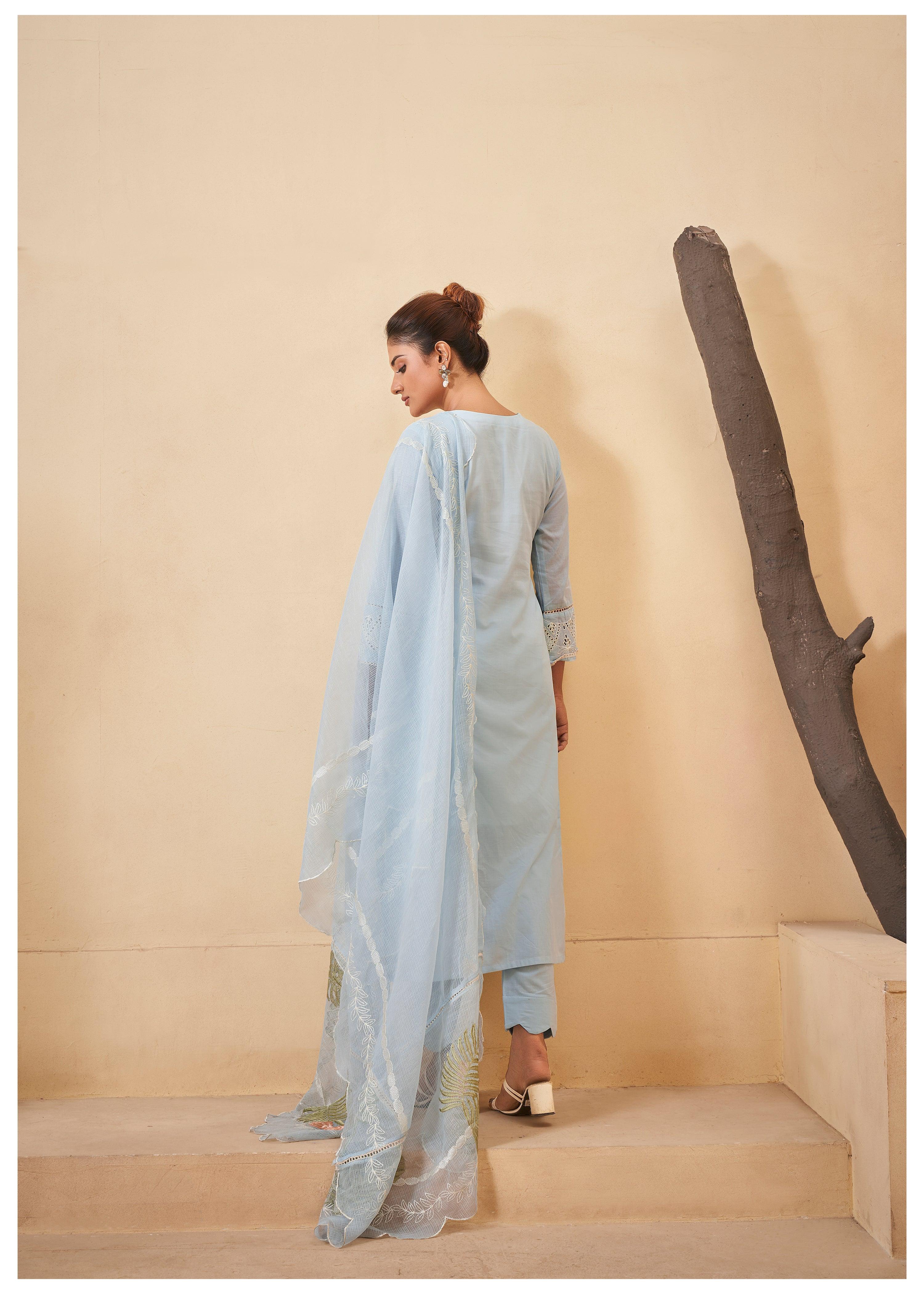 Pastel Blue  Pakistani Work ethnic Cotton Set With Dupatta