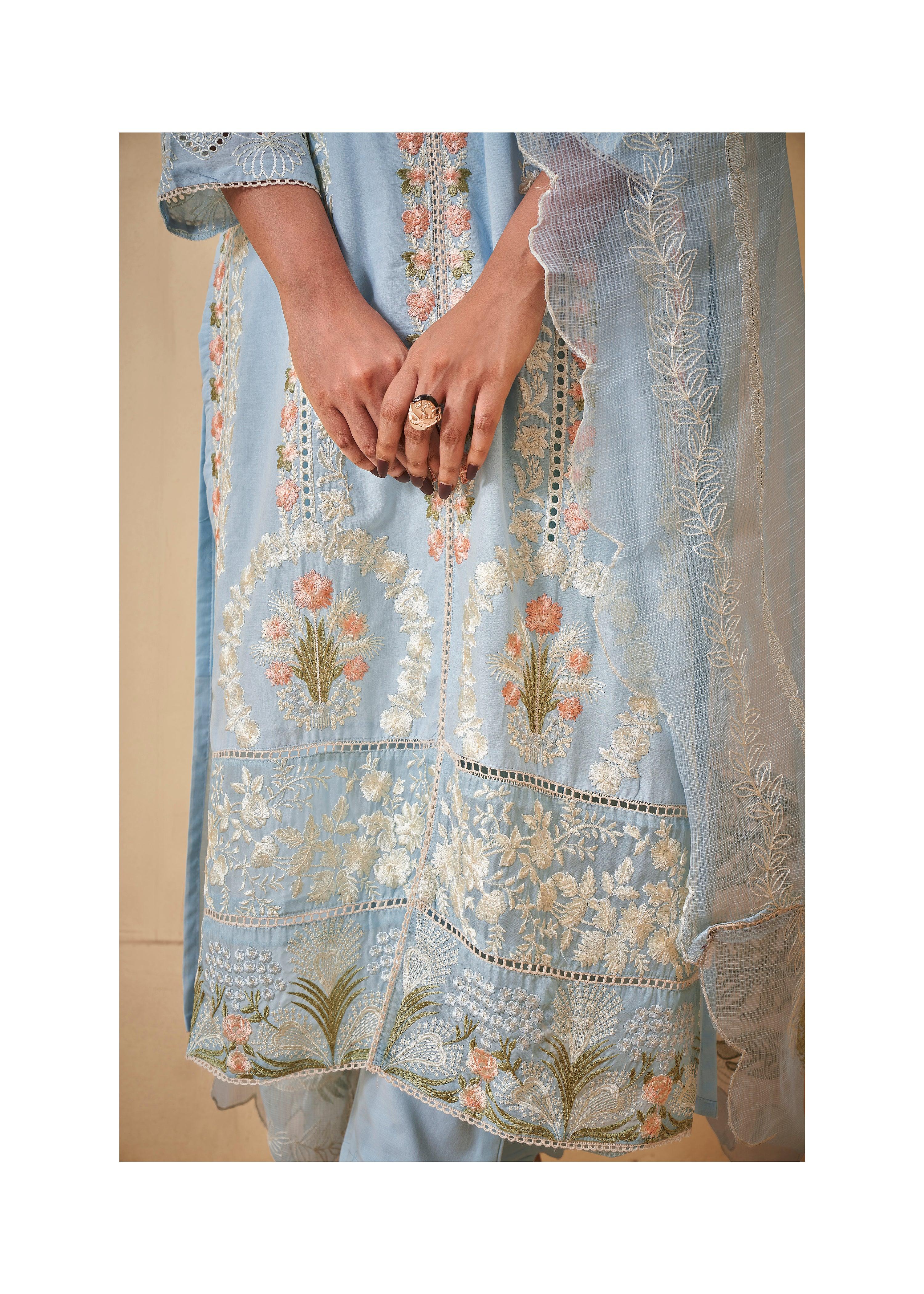 Pastel Blue  Pakistani Work ethnic Cotton Set With Dupatta