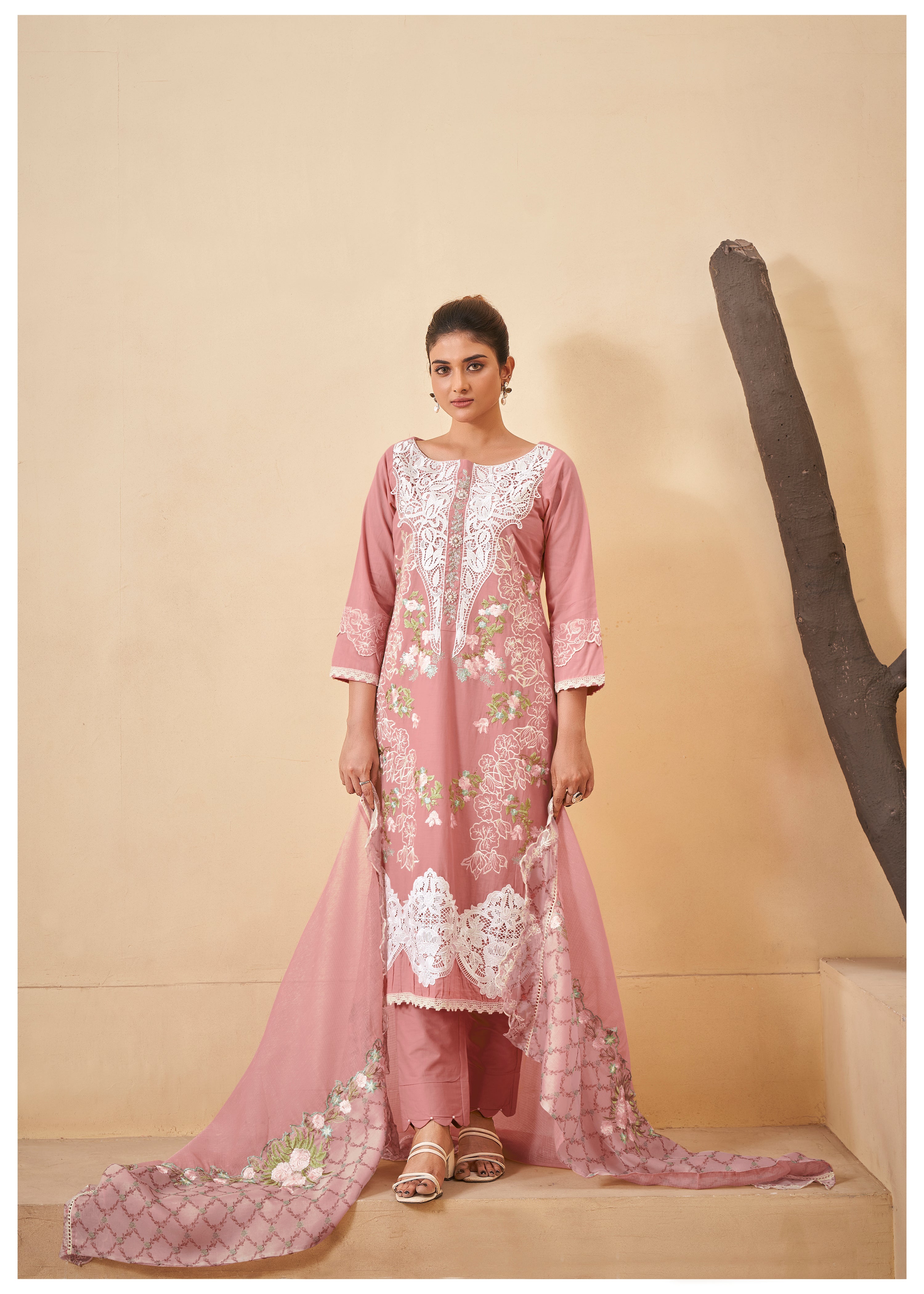 Pastel Peach Pakistani Work Ethnic Cotton Set With Dupatta