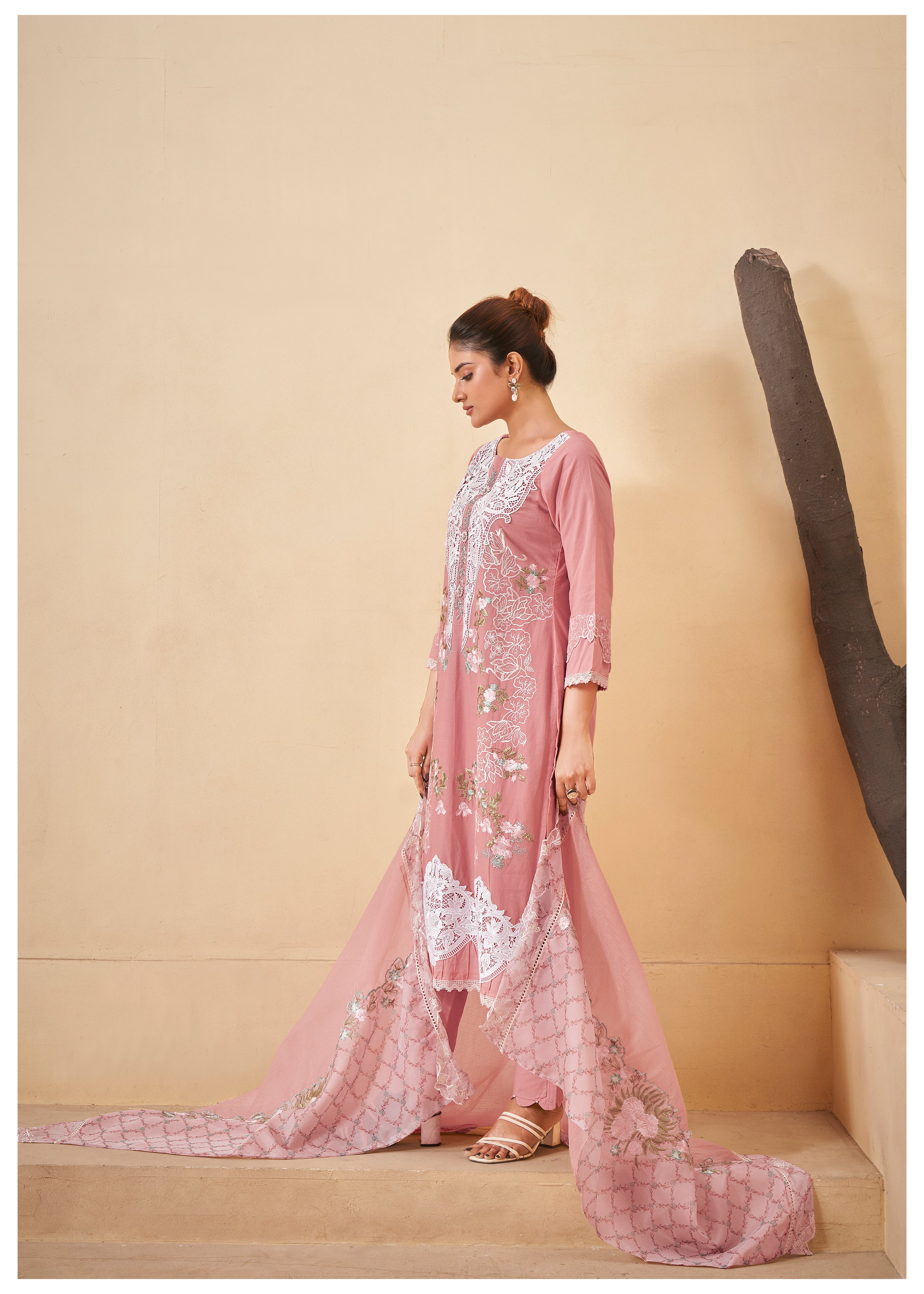 Pastel Peach Pakistani Work Ethnic Cotton Set With Dupatta