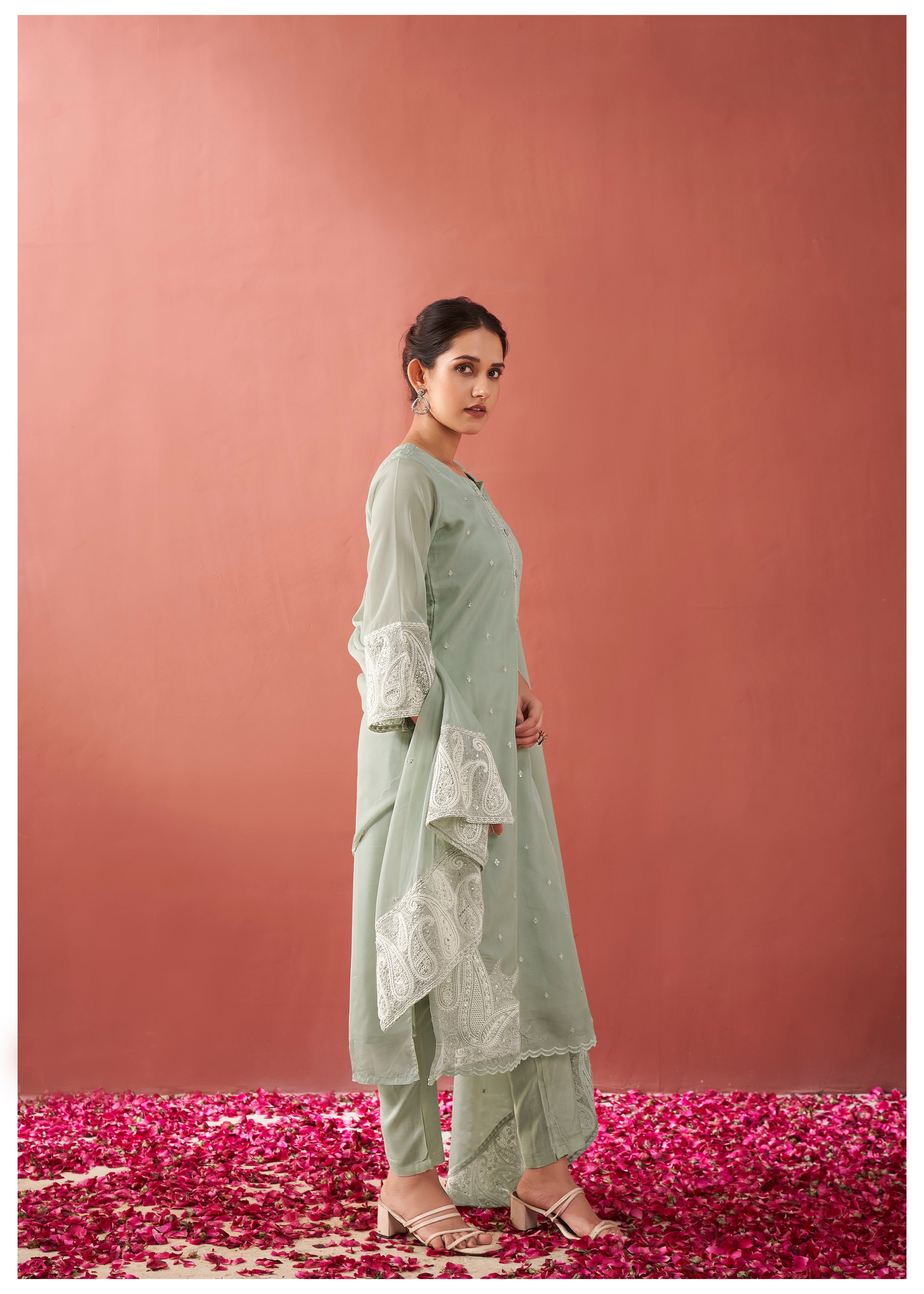 Sage Green Paisley Embroidery Organza Ethnic Set With Dupatta