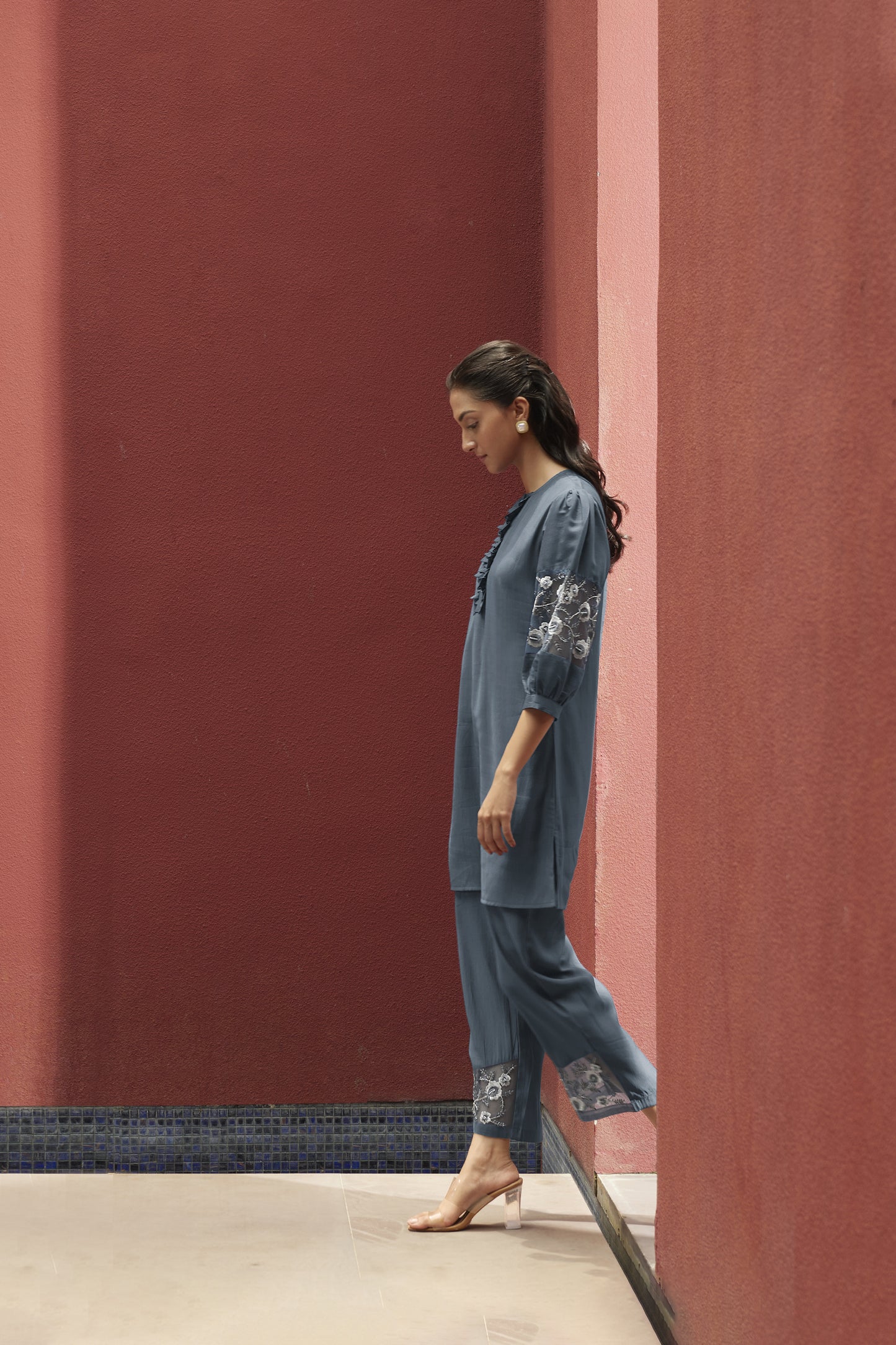 Blue-Grey Embroidered Tunic With Pant