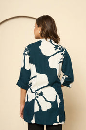 Teal Blue Mandarin Collar Floral Top