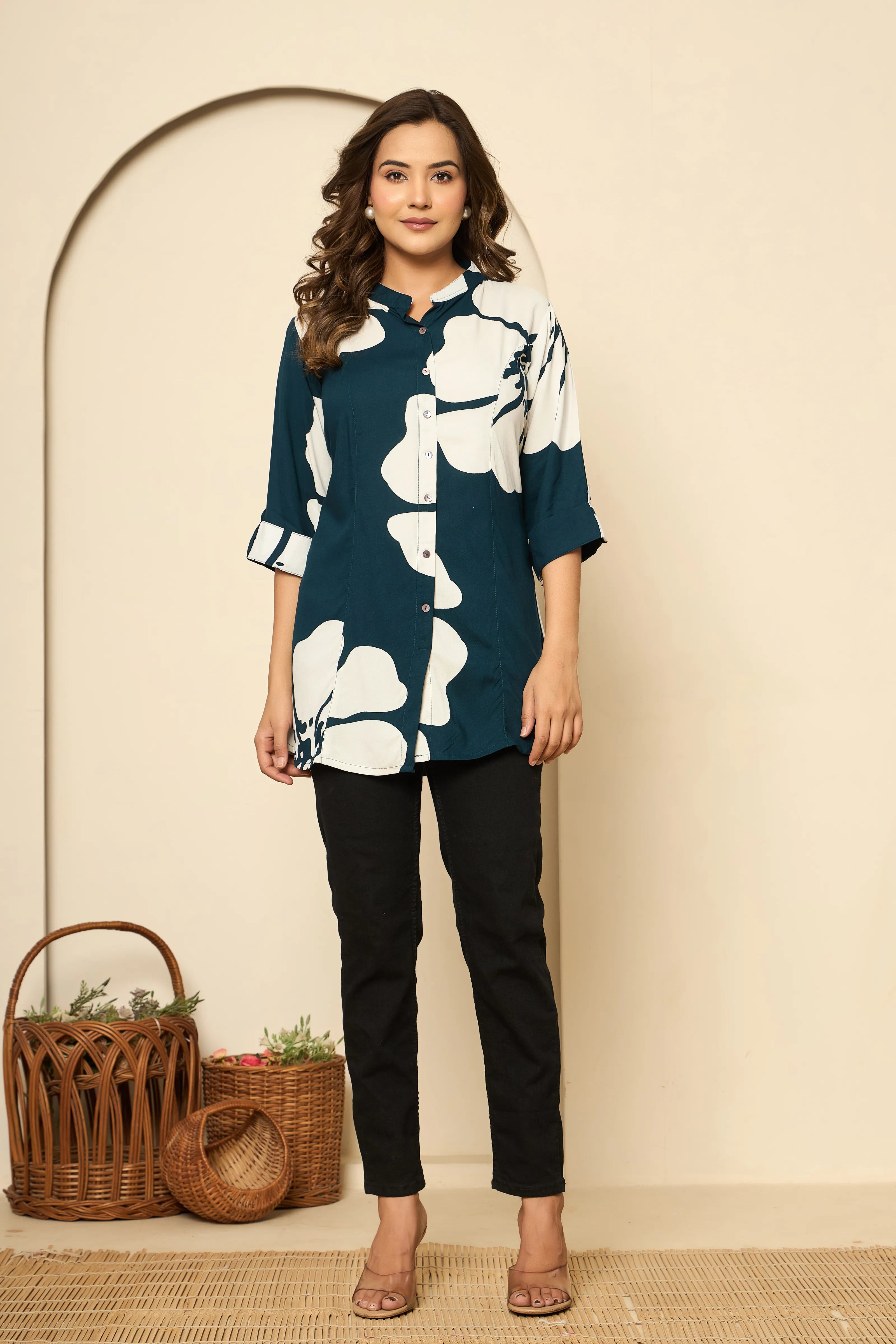 Teal Blue Mandarin Collar Floral Top