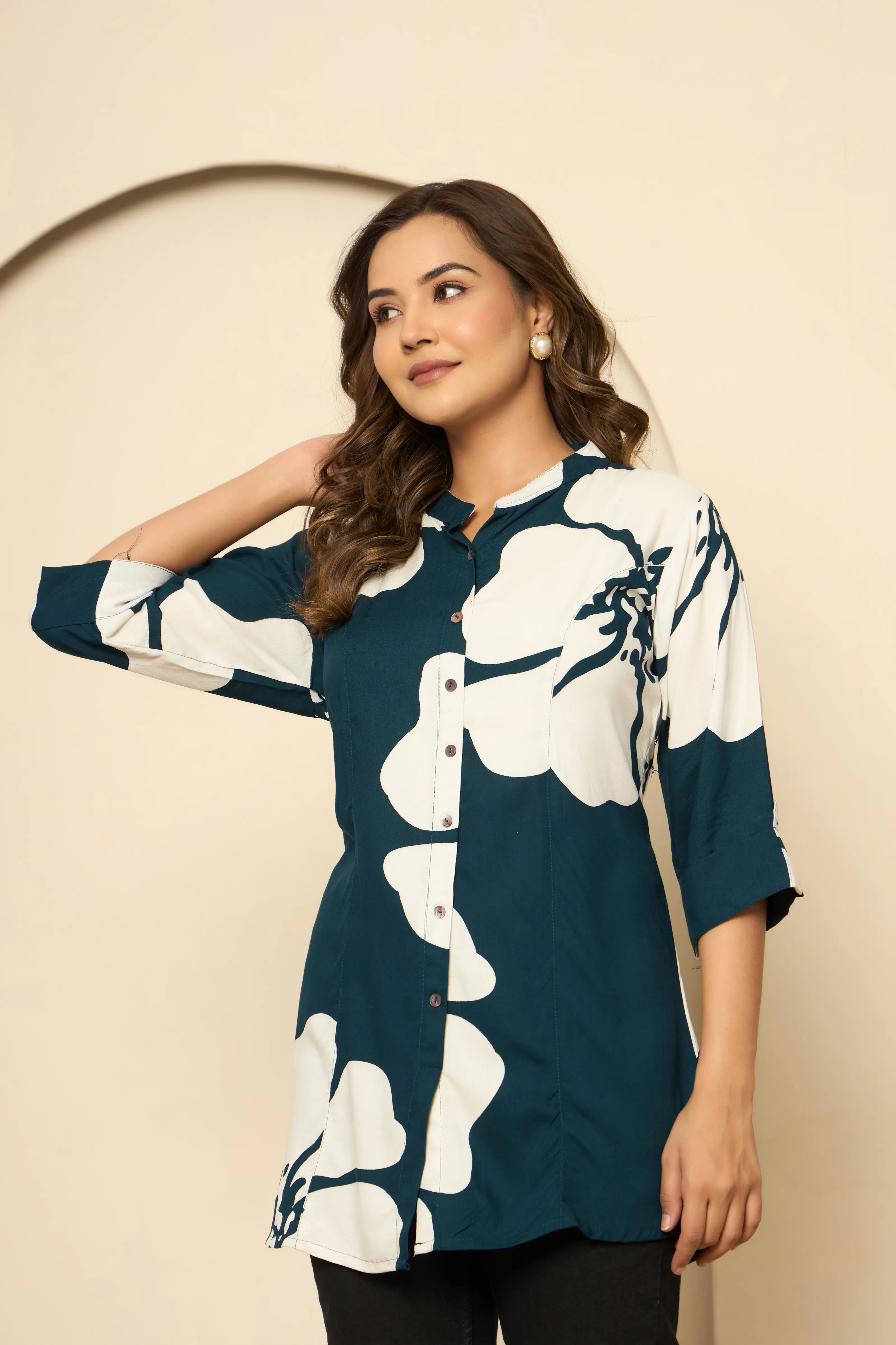 Teal Blue Mandarin Collar Floral Top