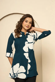 Teal Blue Mandarin Collar Floral Top