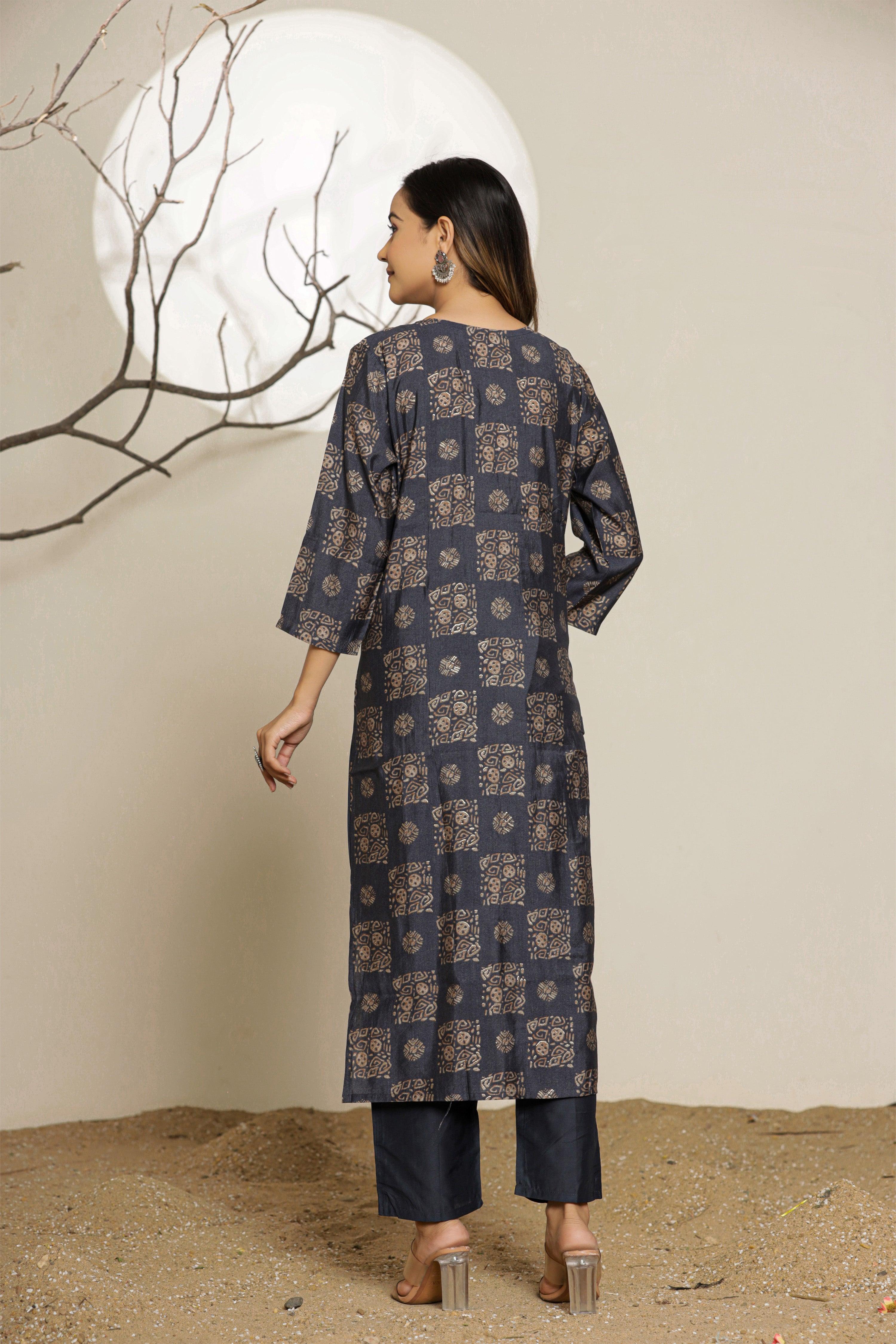 Elemental Blue Printed Muslin Ethnic Set With Dupatta