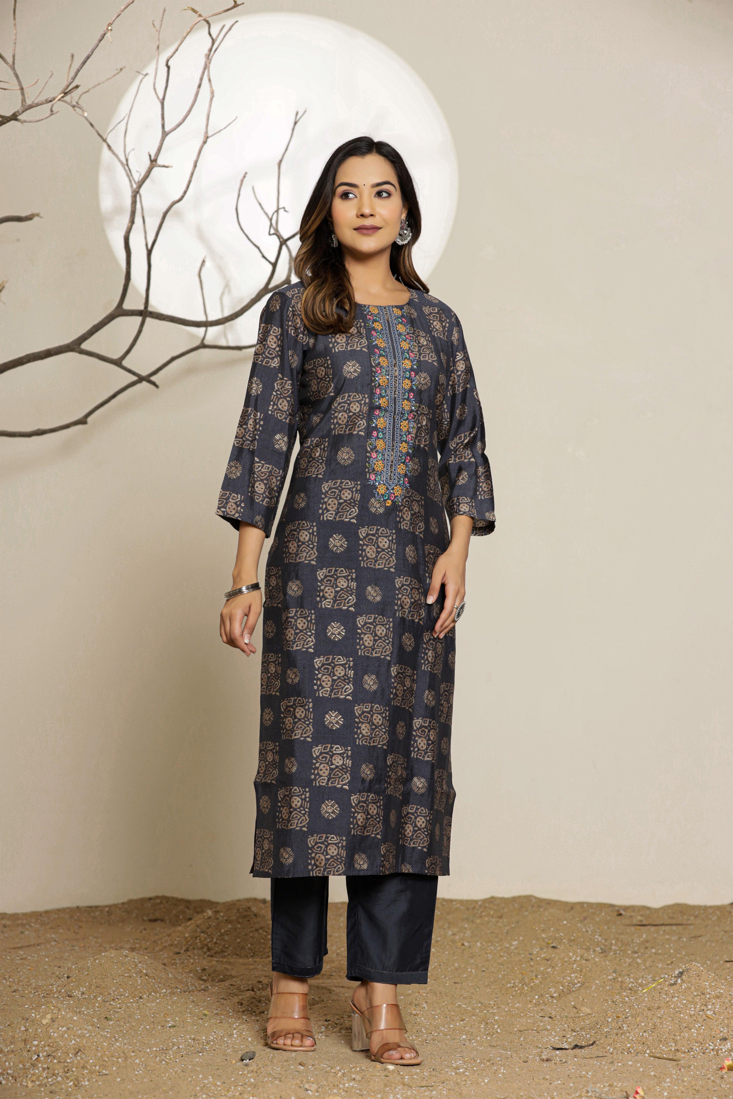 Elemental Blue Printed Muslin Ethnic Set With Dupatta