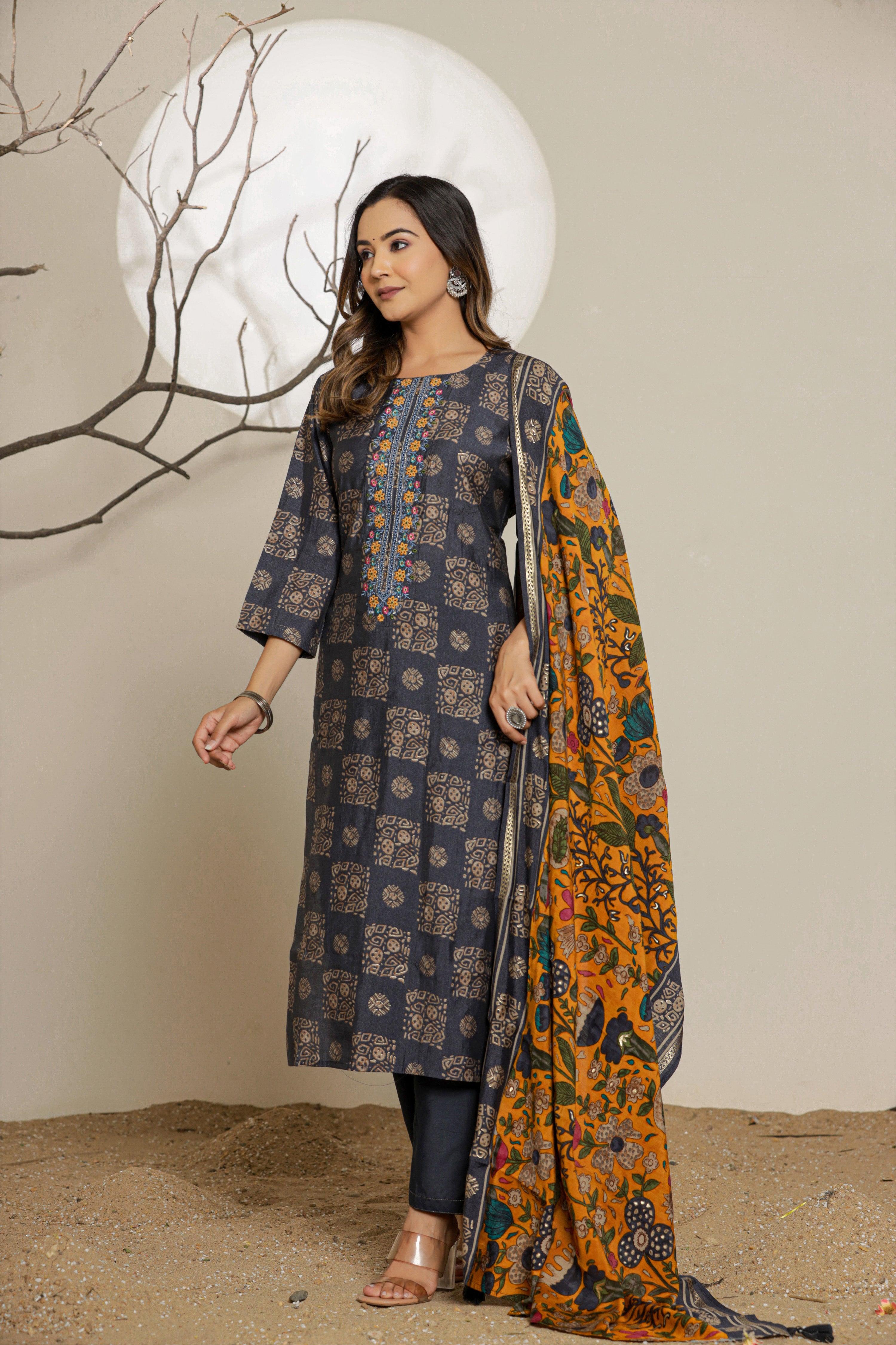 Elemental Blue Printed Muslin Ethnic Set With Dupatta