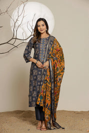 Elemental Blue Printed Muslin Ethnic Set With Dupatta