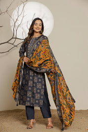 Elemental Blue Printed Muslin Ethnic Set With Dupatta