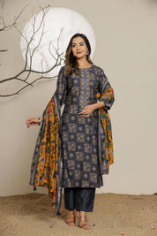 Elemental Blue Printed Muslin Ethnic Set With Dupatta