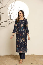 Navy Blue Floral Printed Muslin Ethnic Set With Dupatta