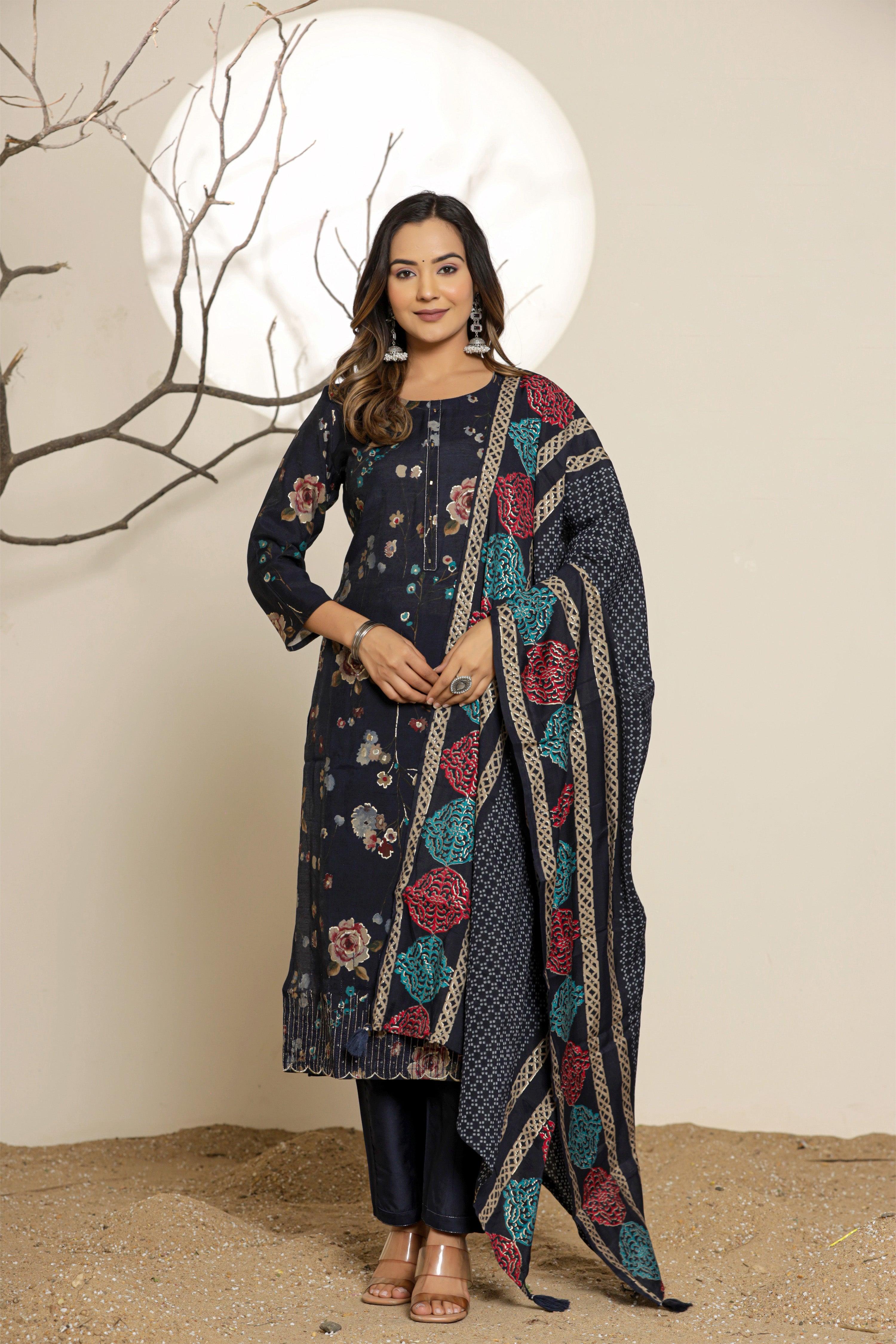 Navy Blue Floral Printed Muslin Ethnic Set With Dupatta