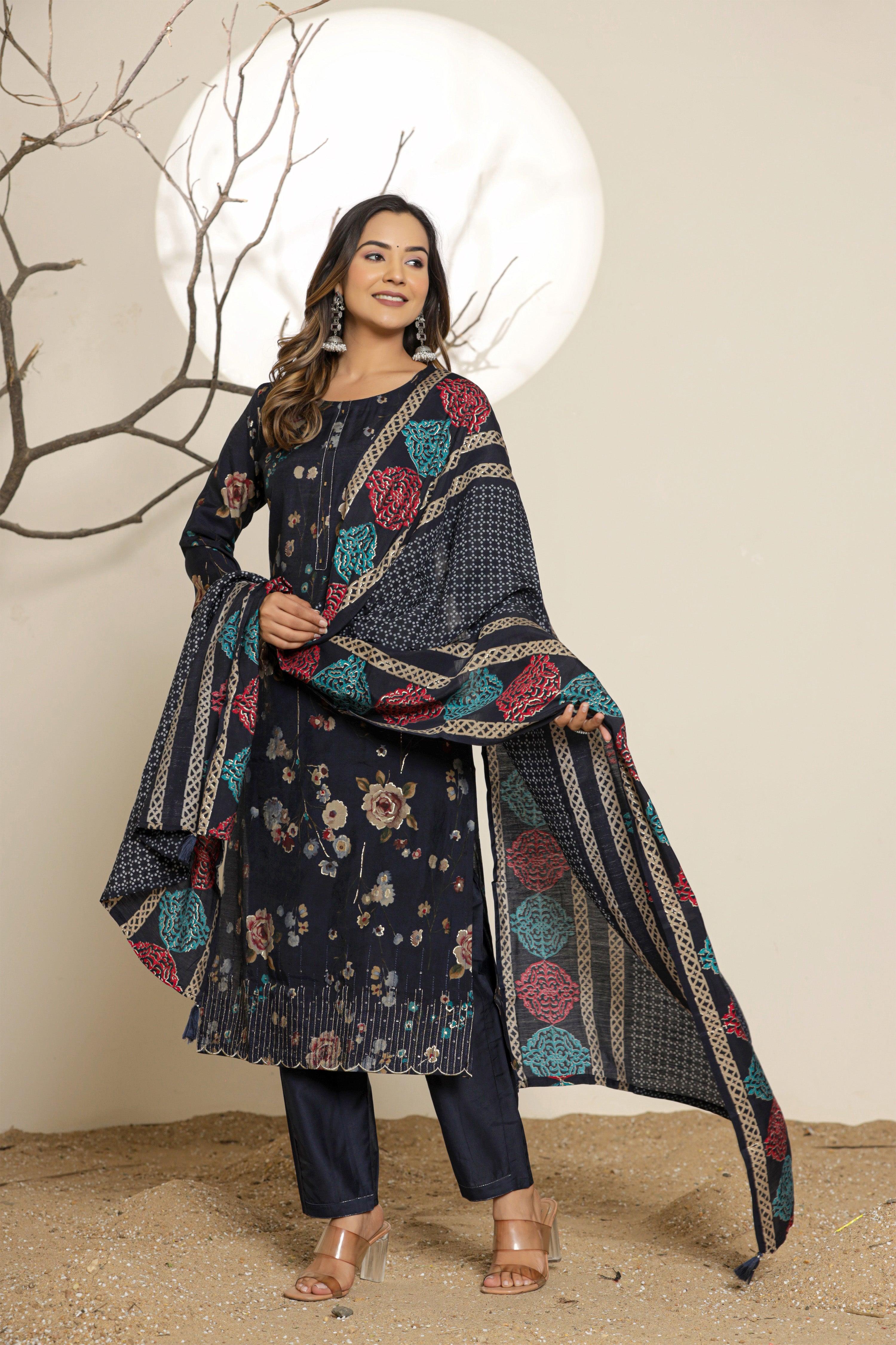 Navy Blue Floral Printed Muslin Ethnic Set With Dupatta