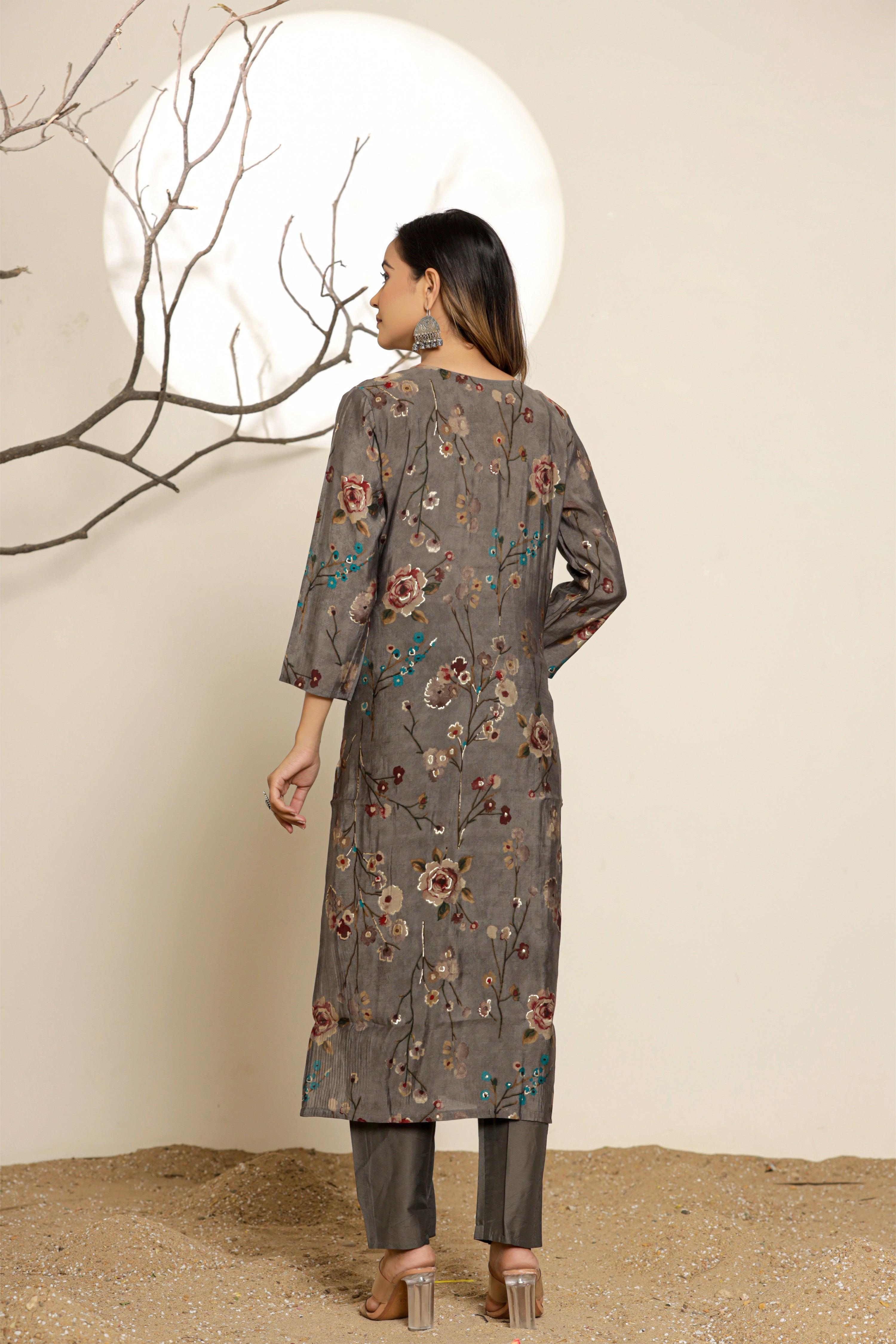 Ash Grey Floral Printed Embroidered Muslin Ethnic Set With Dupatta