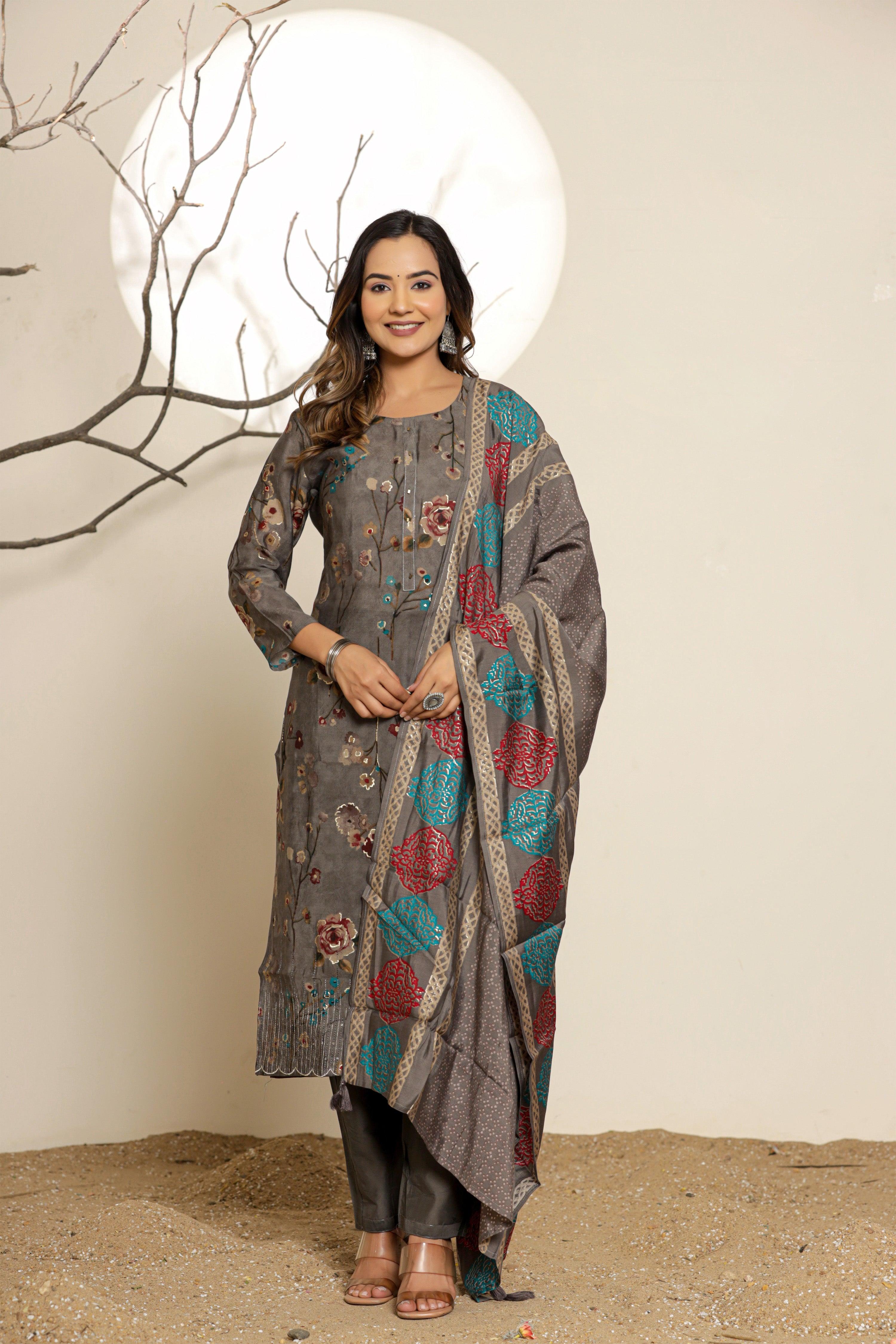 Ash Grey Floral Printed Embroidered Muslin Ethnic Set With Dupatta