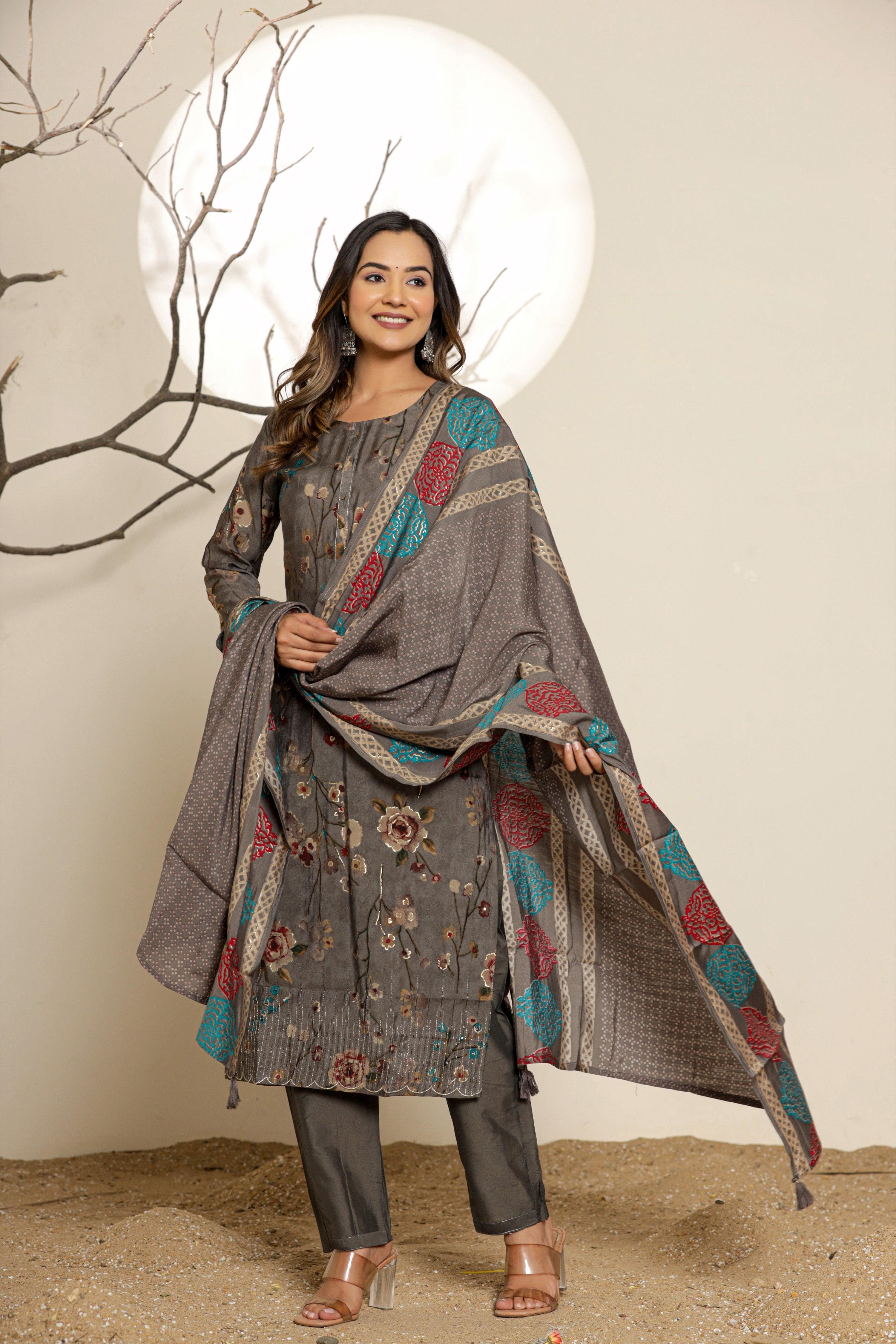 Ash Grey Floral Printed Embroidered Muslin Ethnic Set With Dupatta