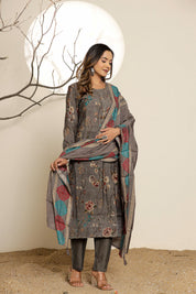 Ash Grey Floral Printed Embroidered Muslin Ethnic Set With Dupatta