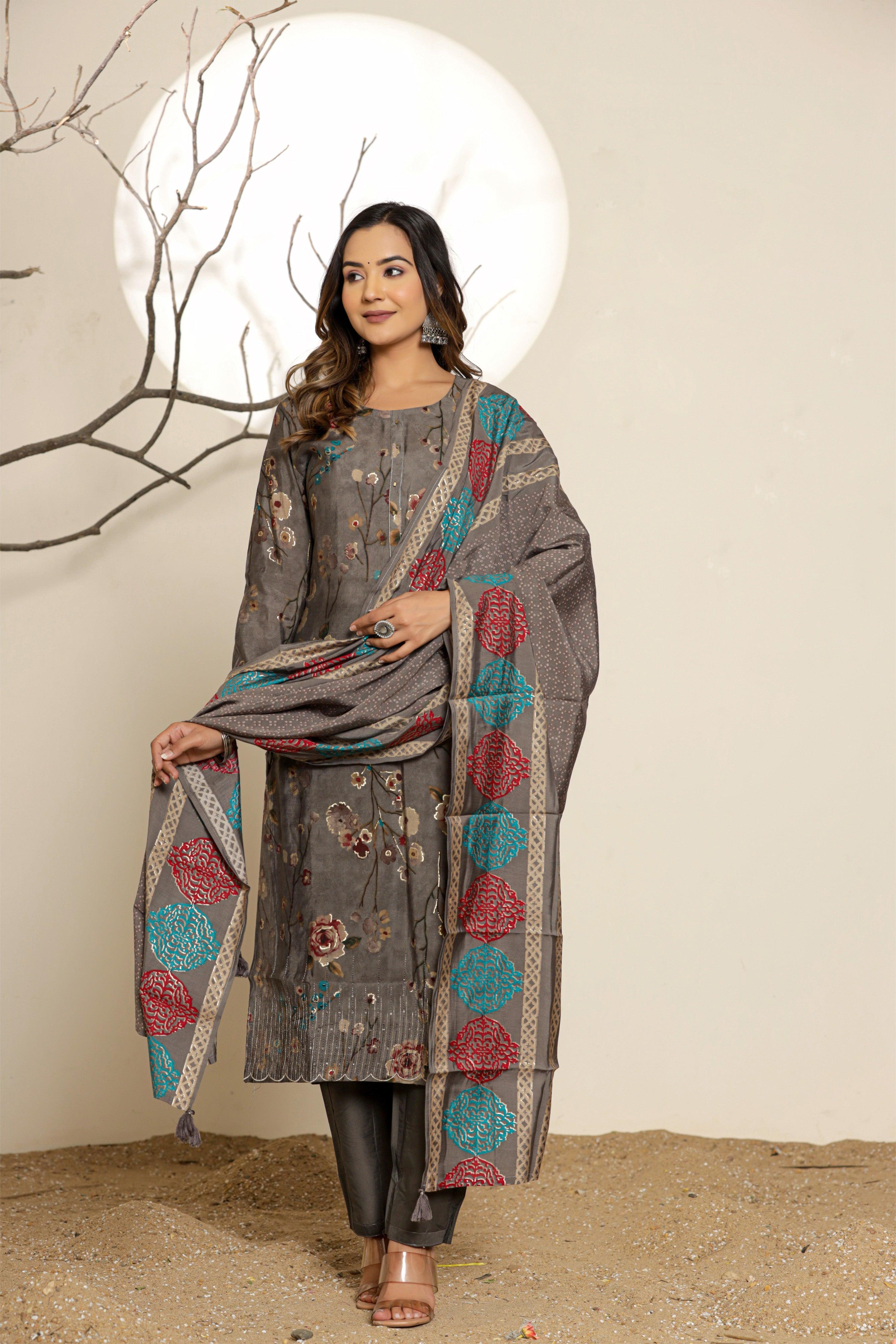 Ash Grey Floral Printed Embroidered Muslin Ethnic Set With Dupatta