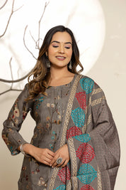 Ash Grey Floral Printed Embroidered Muslin Ethnic Set With Dupatta