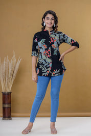 Botanical Print Mandarin Collar Top