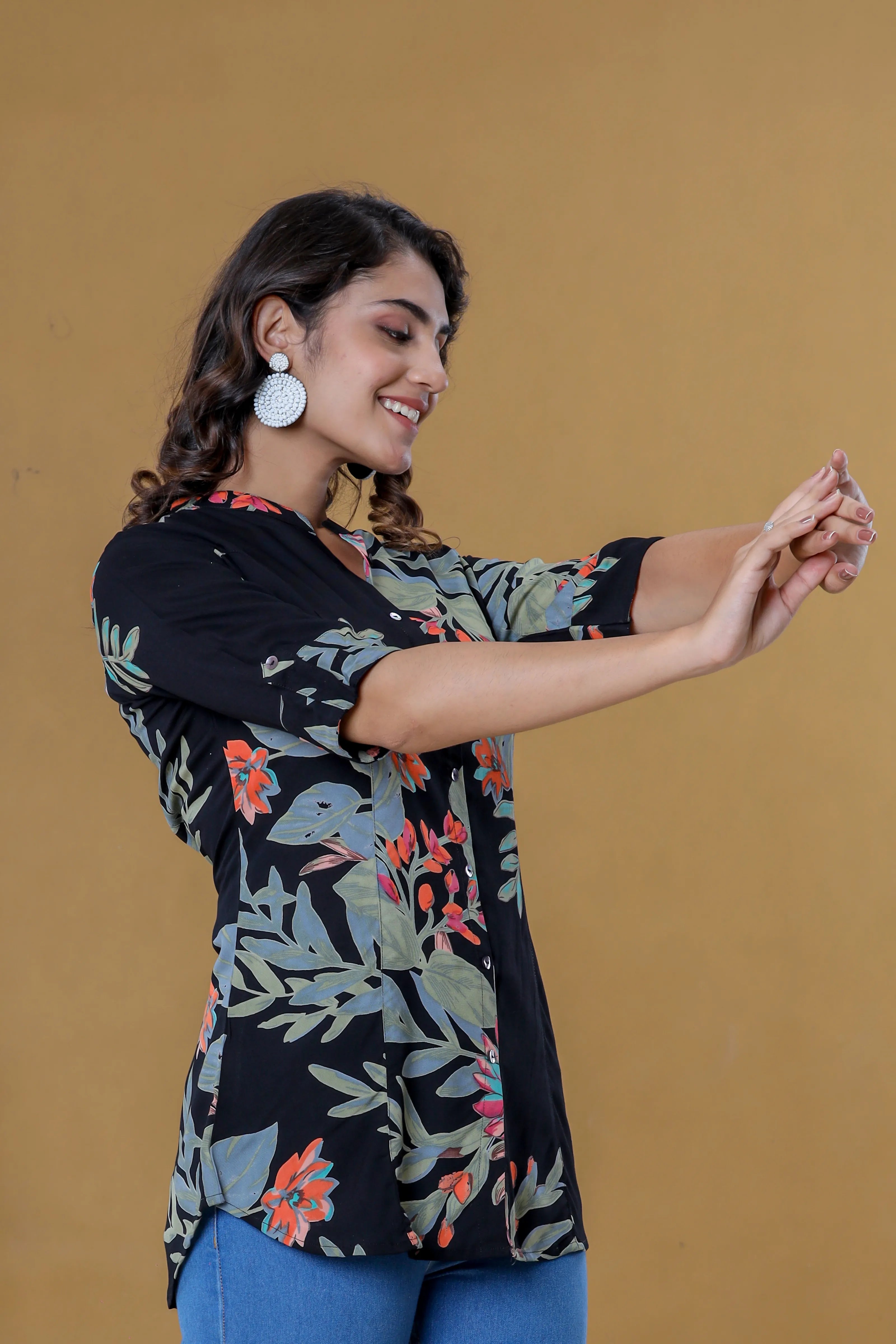 Botanical Print Mandarin Collar Top