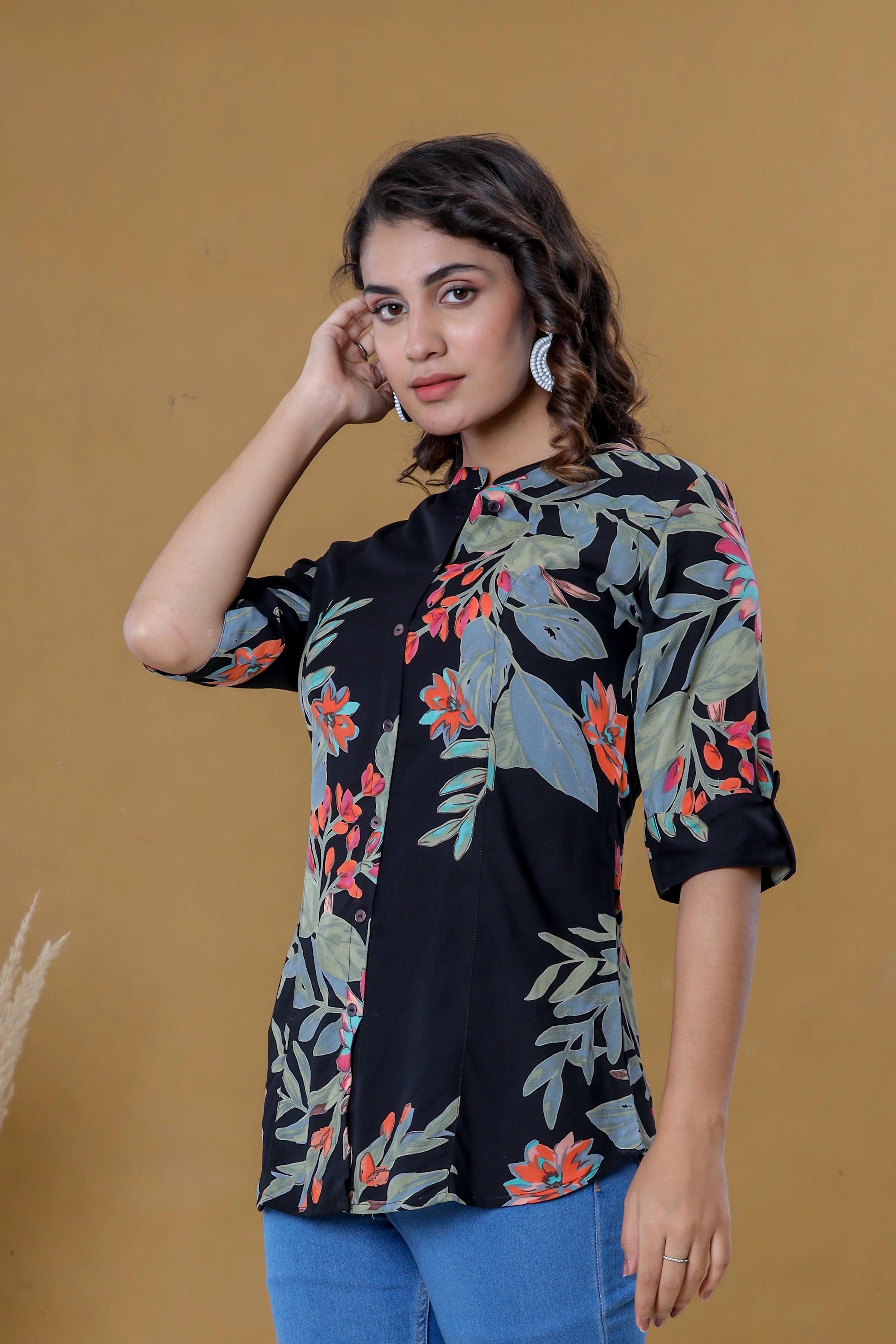 Botanical Print Mandarin Collar Top