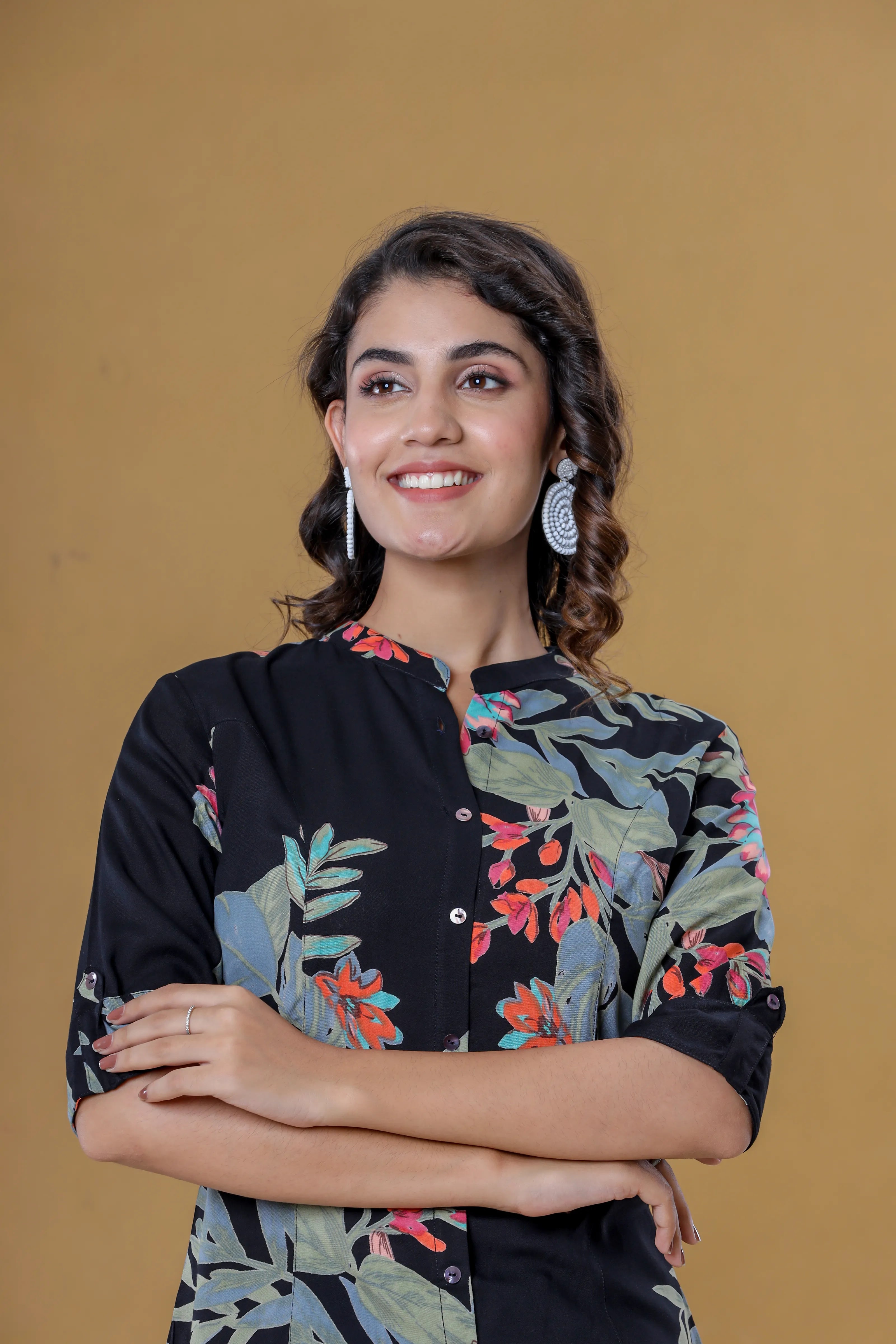 Botanical Print Mandarin Collar Top