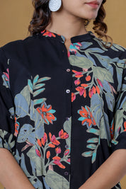 Botanical Print Mandarin Collar Top