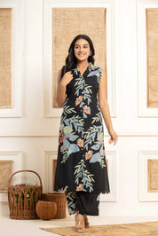 Black Base Multicolor Floral Leaf Kurta Set