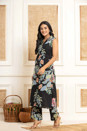 Black Base Multicolor Floral Leaf Kurta Set