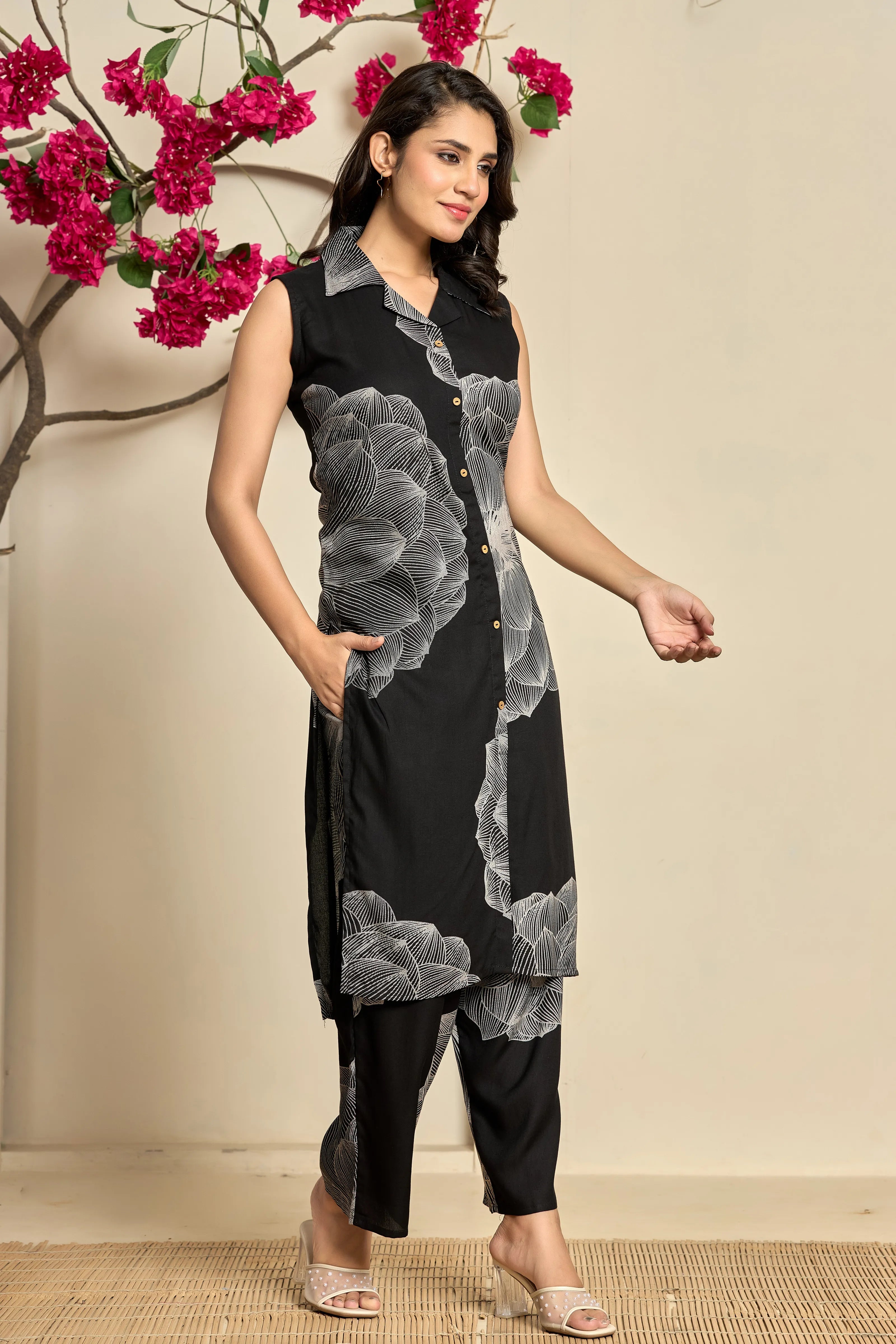 Black Base Grey Floral Kurta Set