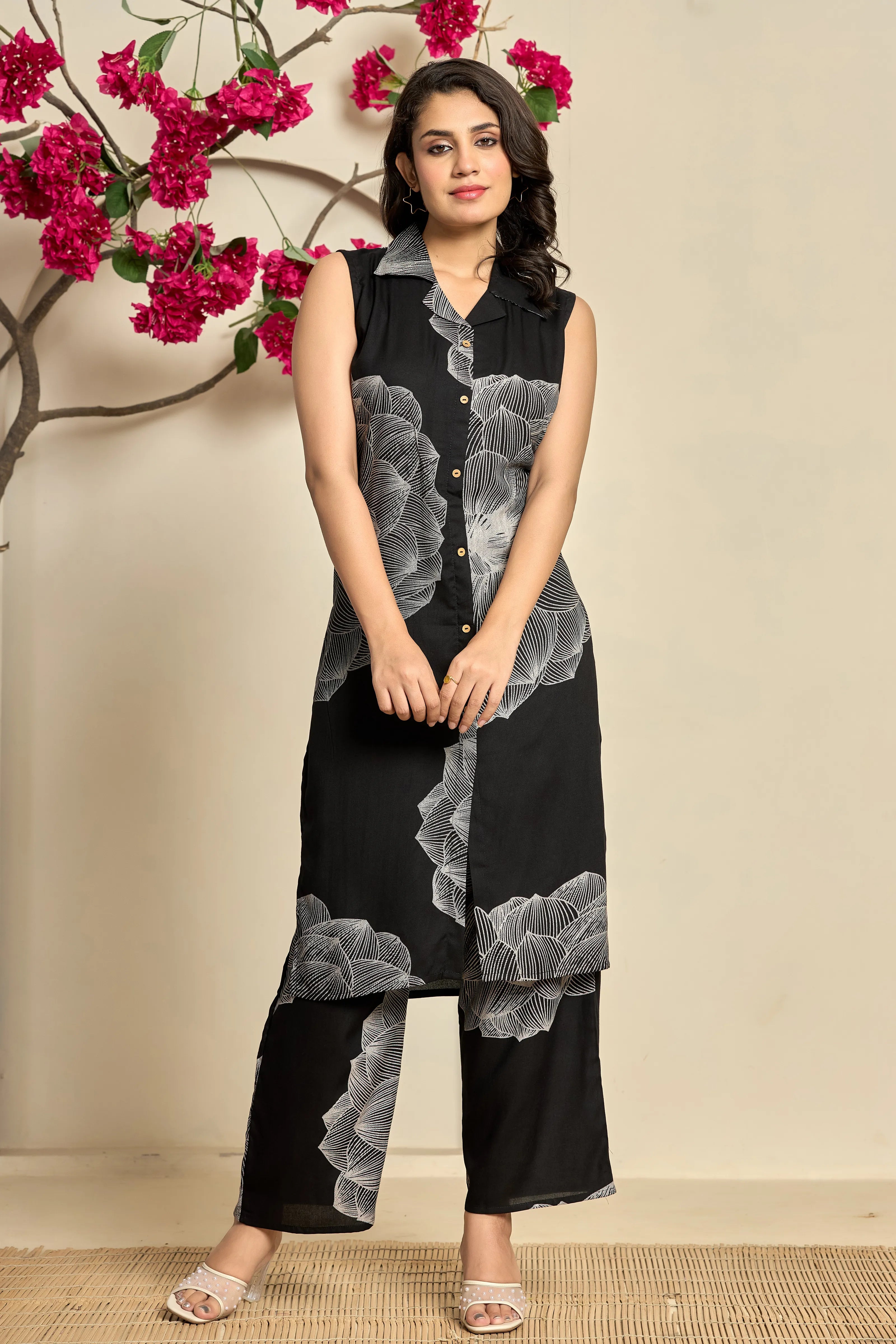 Black Base Grey Floral Kurta Set