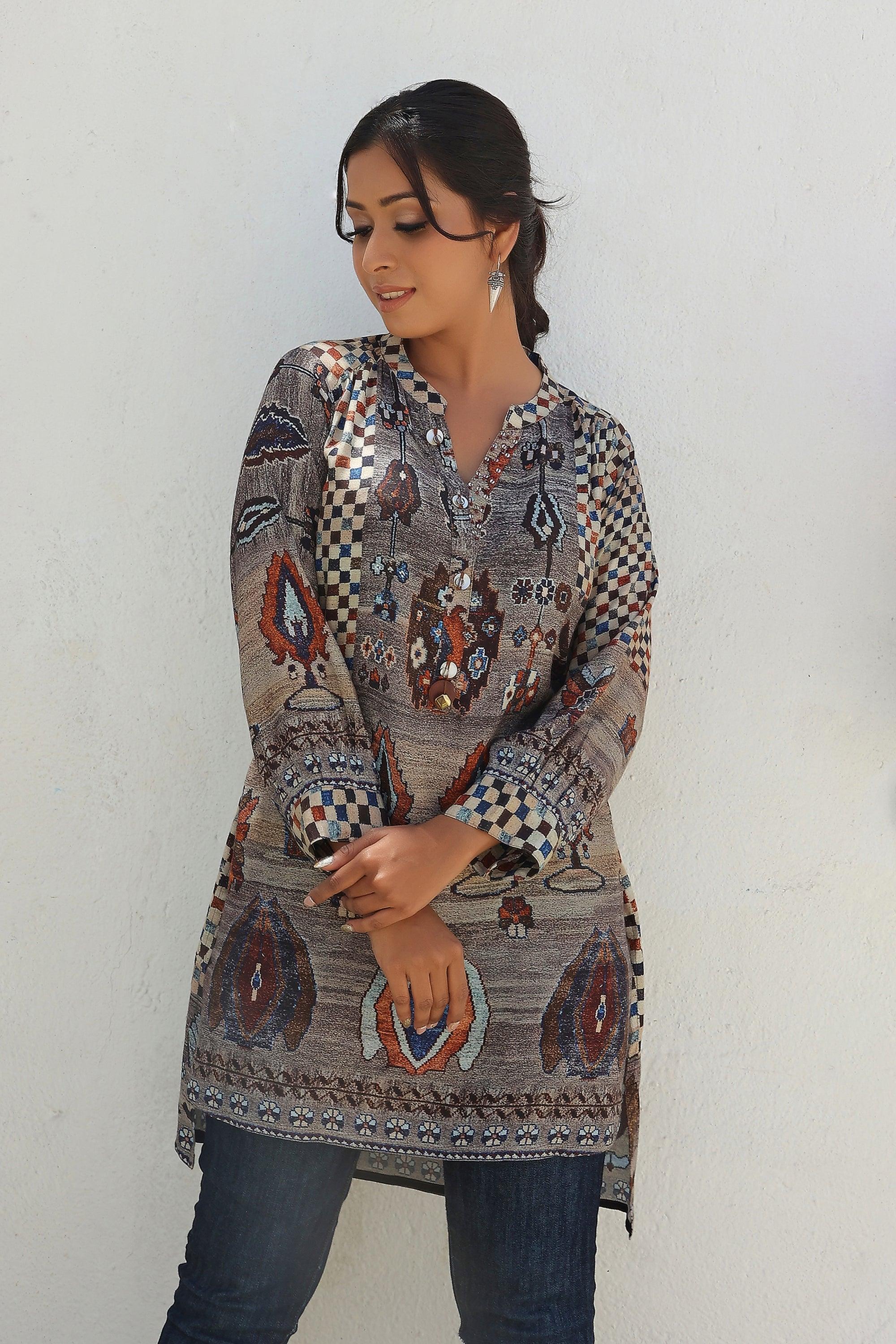 Grey High Low Printed Muslin Tunic - Kaftanize