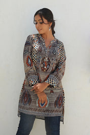 Grey High Low Printed Muslin Tunic