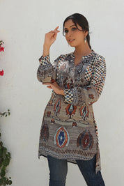 Grey High Low Printed Muslin Tunic
