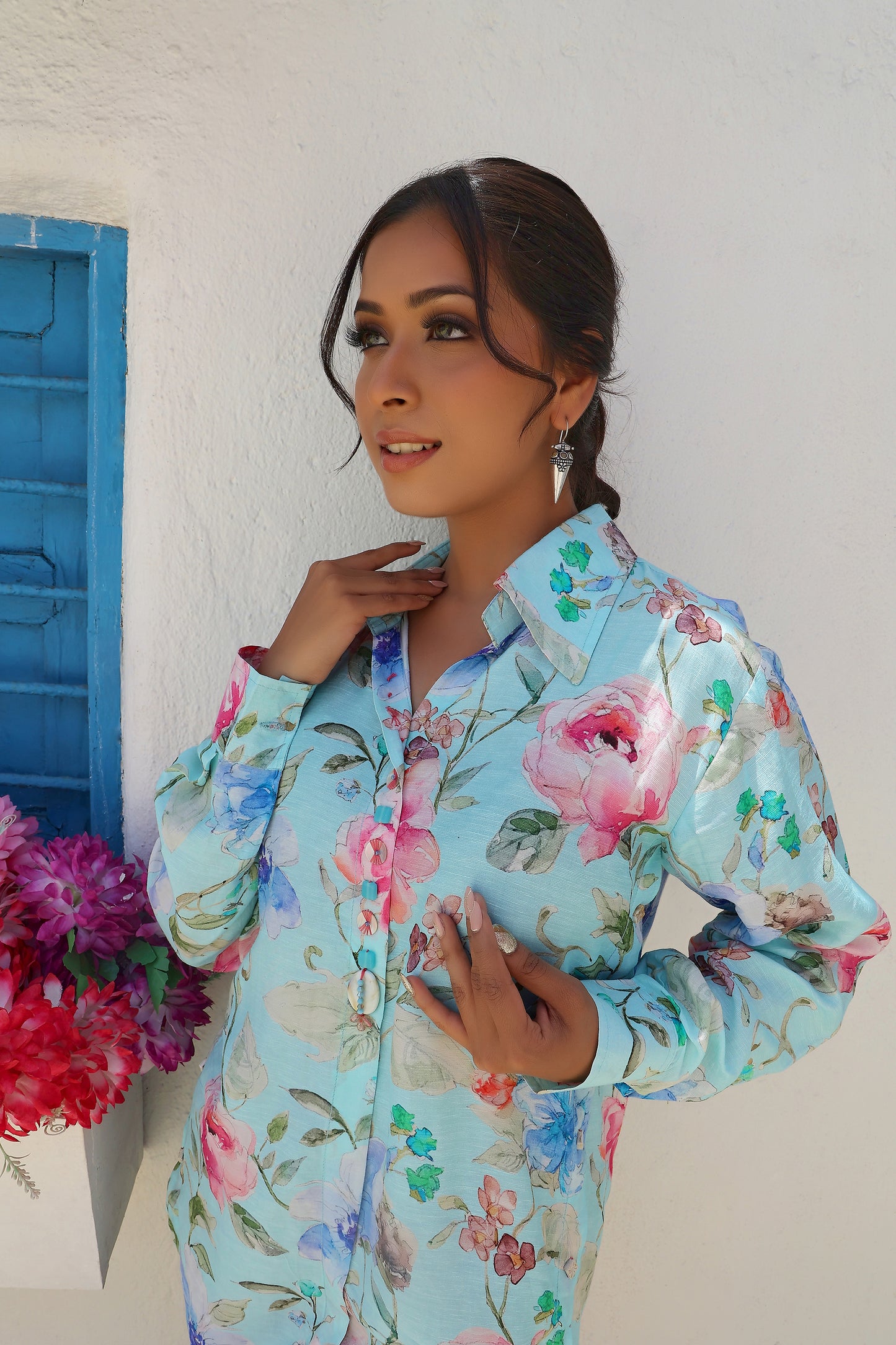 Sky Blue Floral Print Shirt Style Tunic