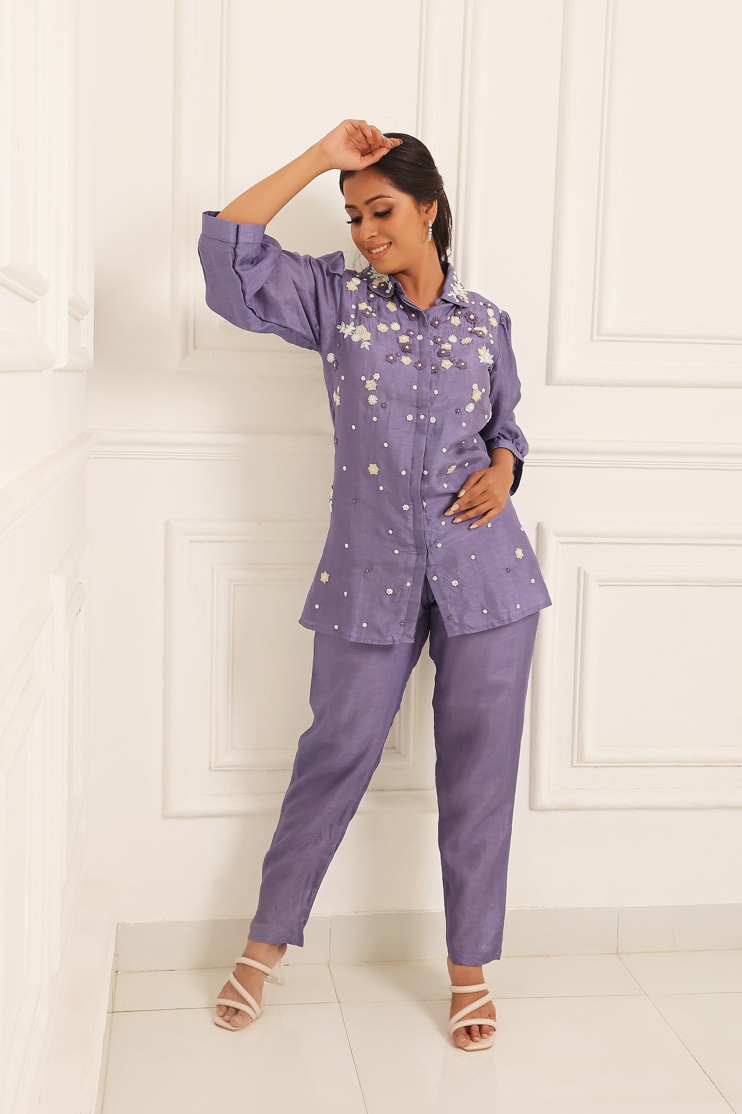 Purple Hand Pearl Embroidered Shirt Set