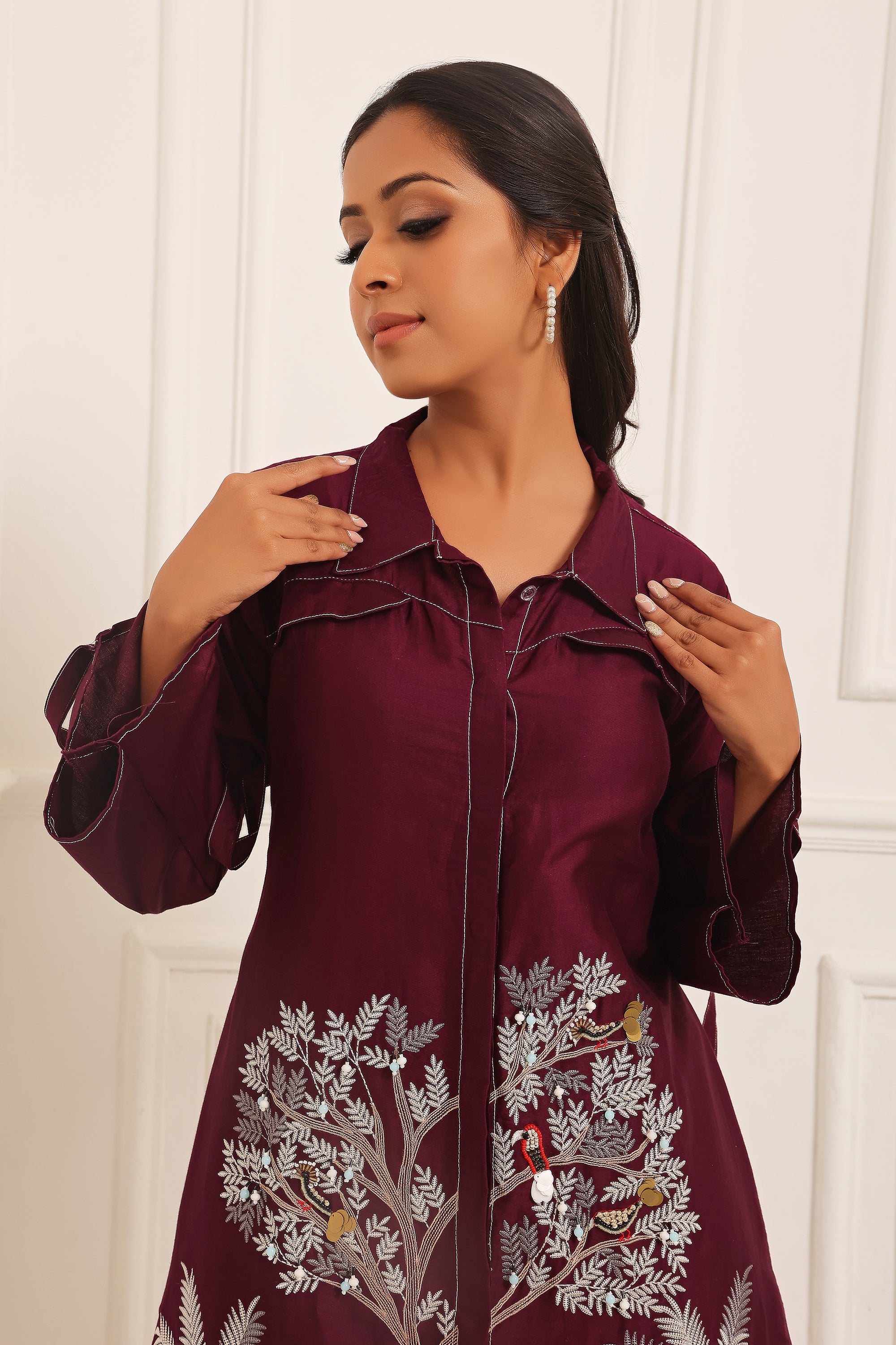 Purple Embroidered A Line Shirt Dress - Kaftanize